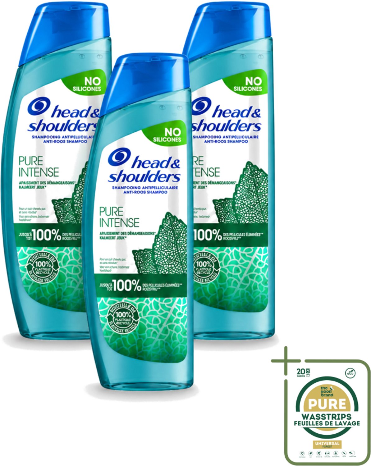 3 x Head & Shoulders - Anti-Roos Shampoo - Pure Intense - Kalmeert Jeuk - 250 ml - Wasstrips - Roosvrij Haar - Jeuk Kalmeren - Roos Bestrijden - Menthol Shampoo - Melisse Extract