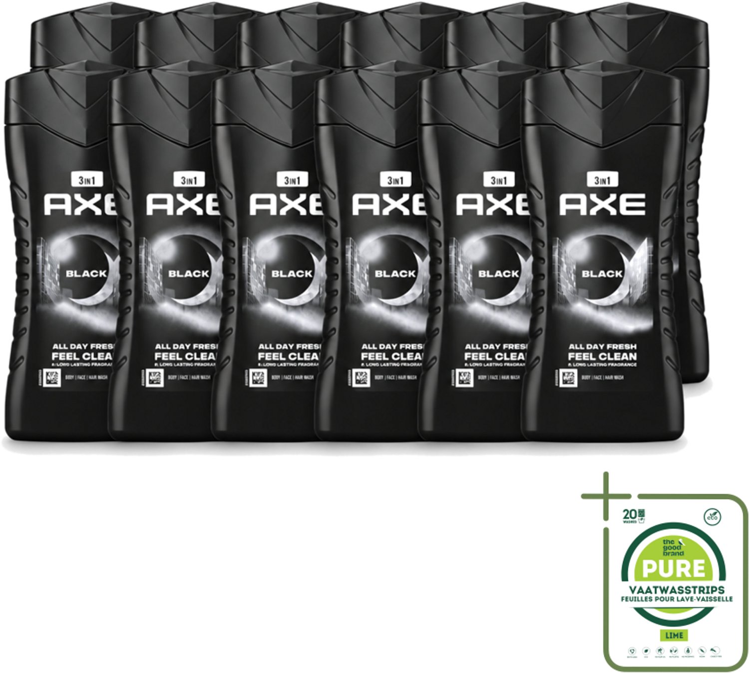 12 x Axe - 3-in-1 Douchegel - Black - Frozen Pear & Cedarwoord - 12hrs Long Lasting Scent - 250 ml - Grootverpakking - Vaatwasstrips - Douchegel - Lichaam - Gezicht - Haar - Frisheid
