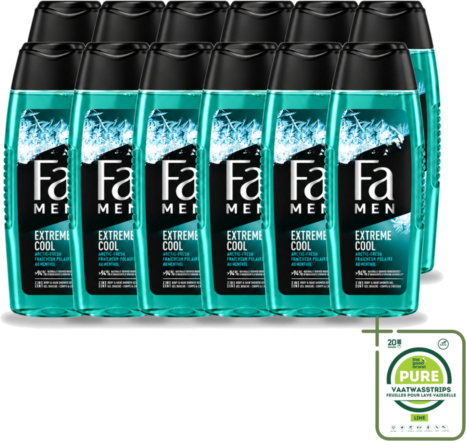 12 x Fa Men - Extreme Cool - 2 in 1 Douchegel & Shampoo - Menthol - 250 ml - Grootverpakking - Vaatwasstrips - Douchegel En Shampoo - Menthol - Verfrissend - Lichaam Reinigen - Haar Reinigen
