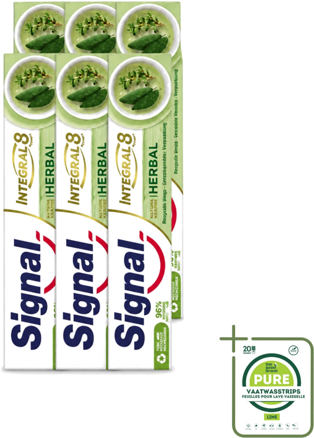 6 x Signal - Integral & Actions - Tandpasta - Natuurlijke Kruiden - Gerecyclede Verpakking - 75 ml - Grootverpakking - Vaatwasstrips - Tandpasta - Natuurlijke Kruiden - Fluoride - Tandbederf - Tandplak