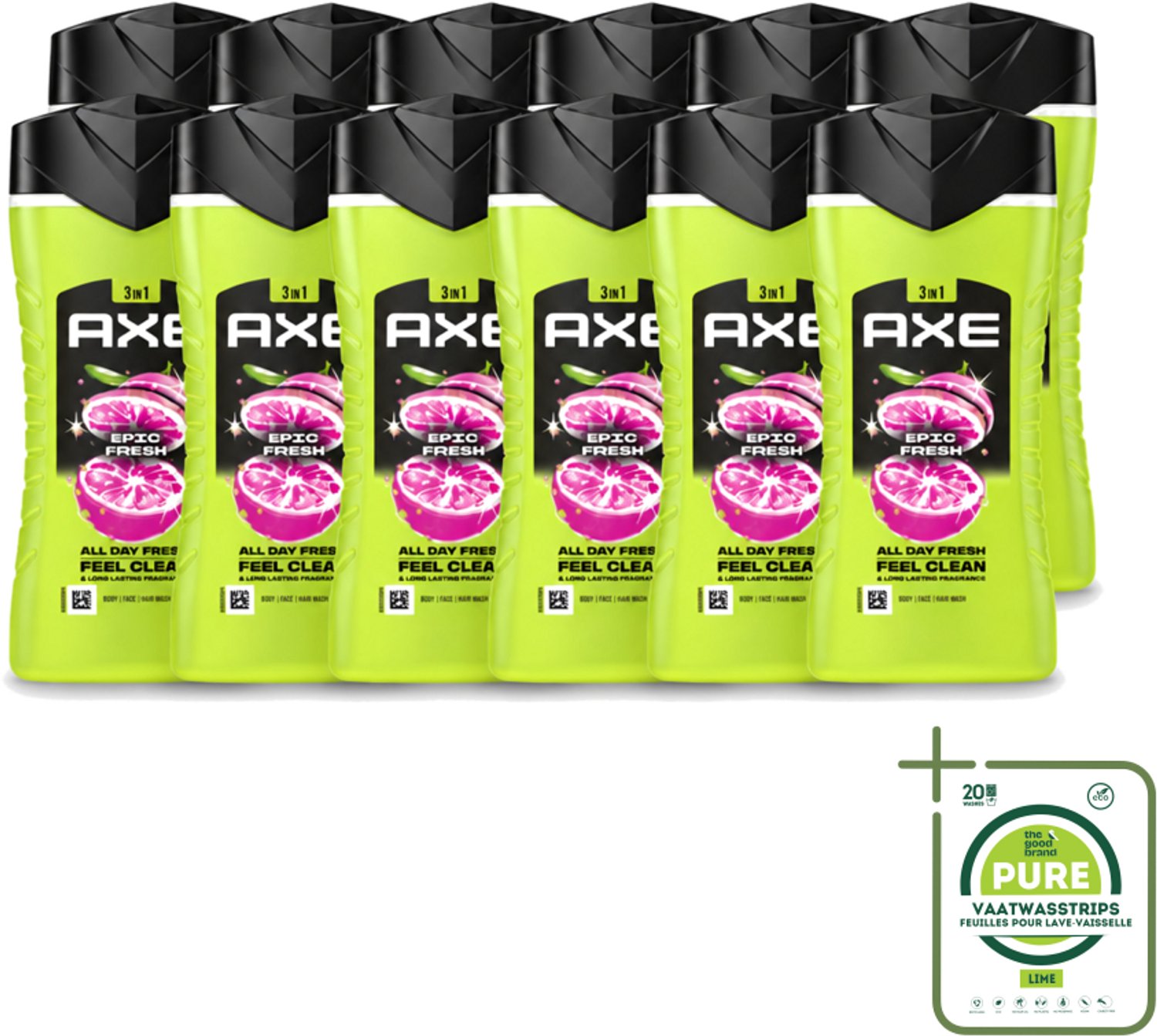 12 x Axe - 3-in-1 Douchegel - Epic Fresh - Grapefruit & Tropical Pineapple - Fresh Boost - 250 ml - Grootverpakking - Vaatwasstrips - Douchegel - Frisheid - Geur - Lichaam - Gezicht