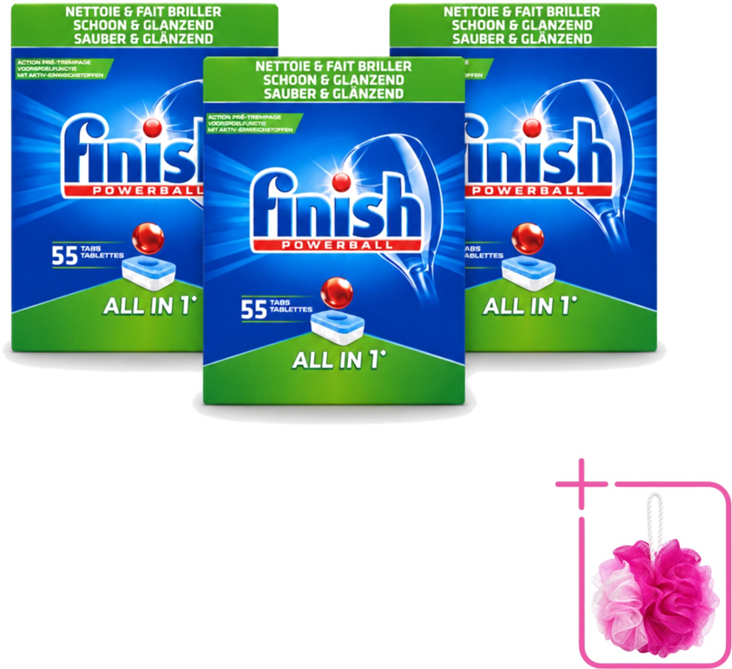 3 x Finish Powerball - All in 1 - Vaatwastabletten - Schoon & Glans - 55 Tabletten - Bulkverpakking - Vaatwasmiddel - Douchemop - Vaatwastablet