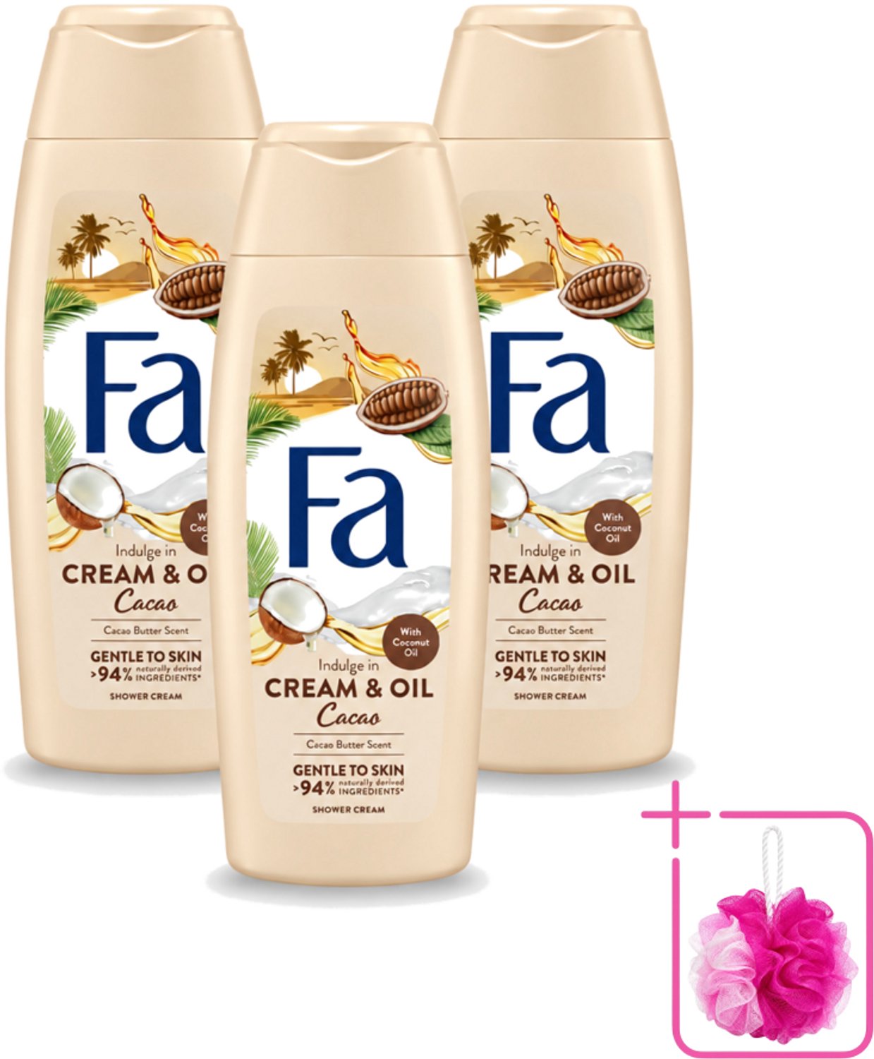 3 x Fa - Cream & Oil Cacao - Douchecrème - Cacaoboter Met Kokosolie - 250 ml - Bulkverpakking - Douchecrème - Douchemop - Cacaoboter
