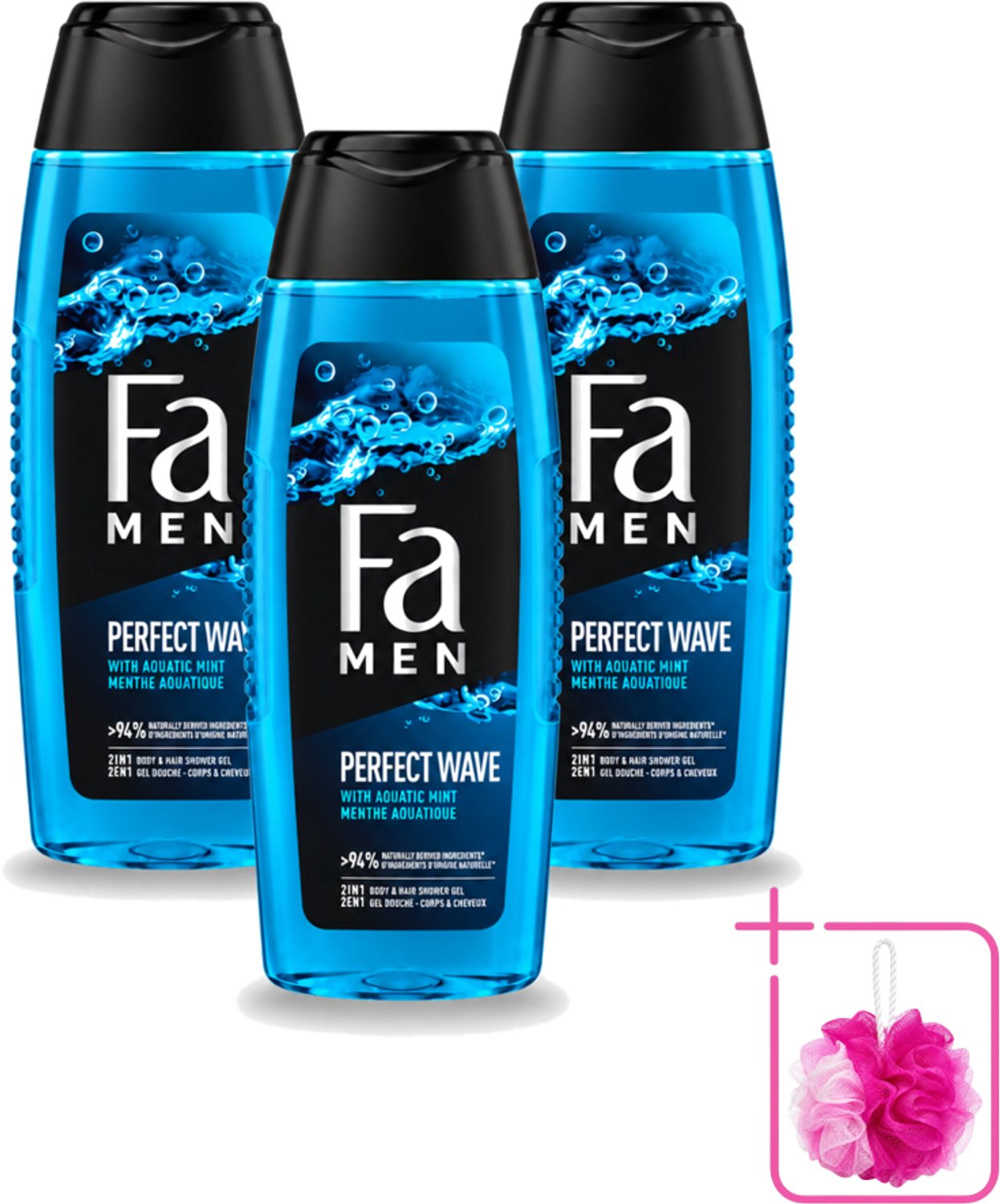 3 x Fa Men - Perfect Wave - 2 in 1 Douchegel & Shampoo - Menthol - 250 ml - Bulkverpakking - Douchegel en shampoo voor mannen - Douchemop - Menthol geur