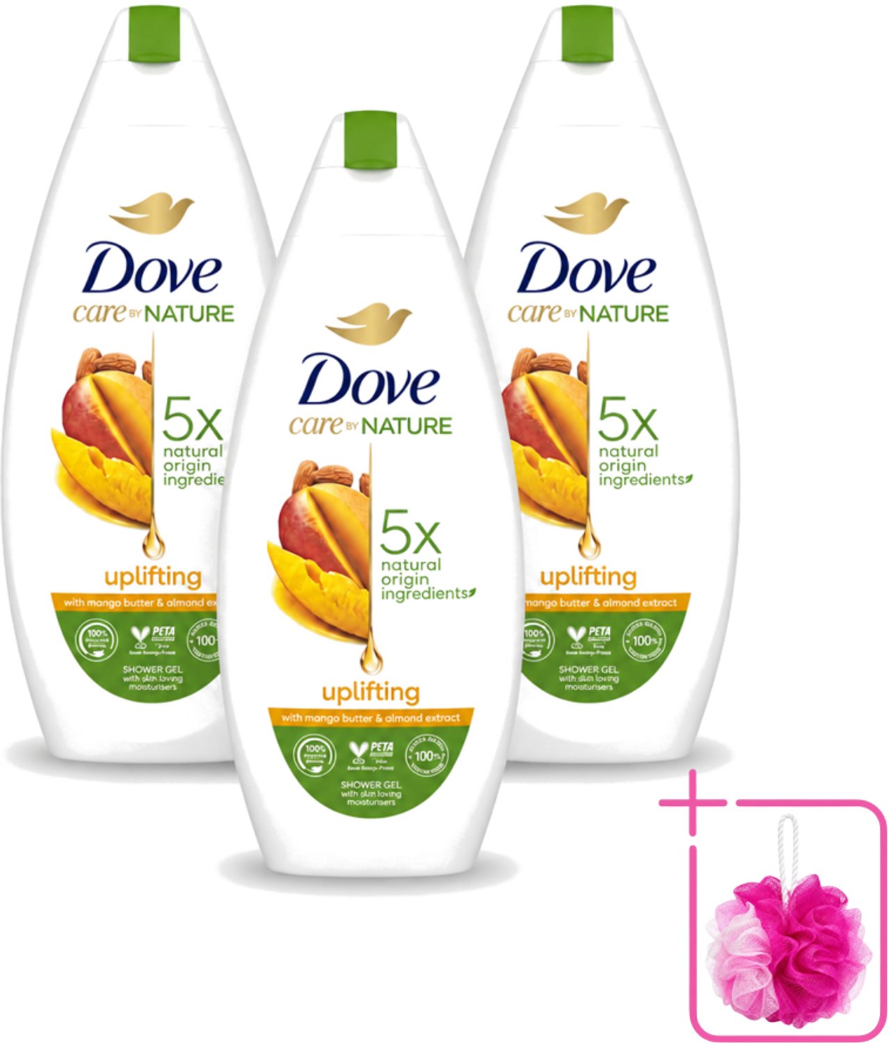 3 x Dove Care By Nature - Uplifting - Douchegel - Mangoboter & Almond Extract - 225 ml - Bulkverpakking - Douchegel - Douchemop - Huidverzorging