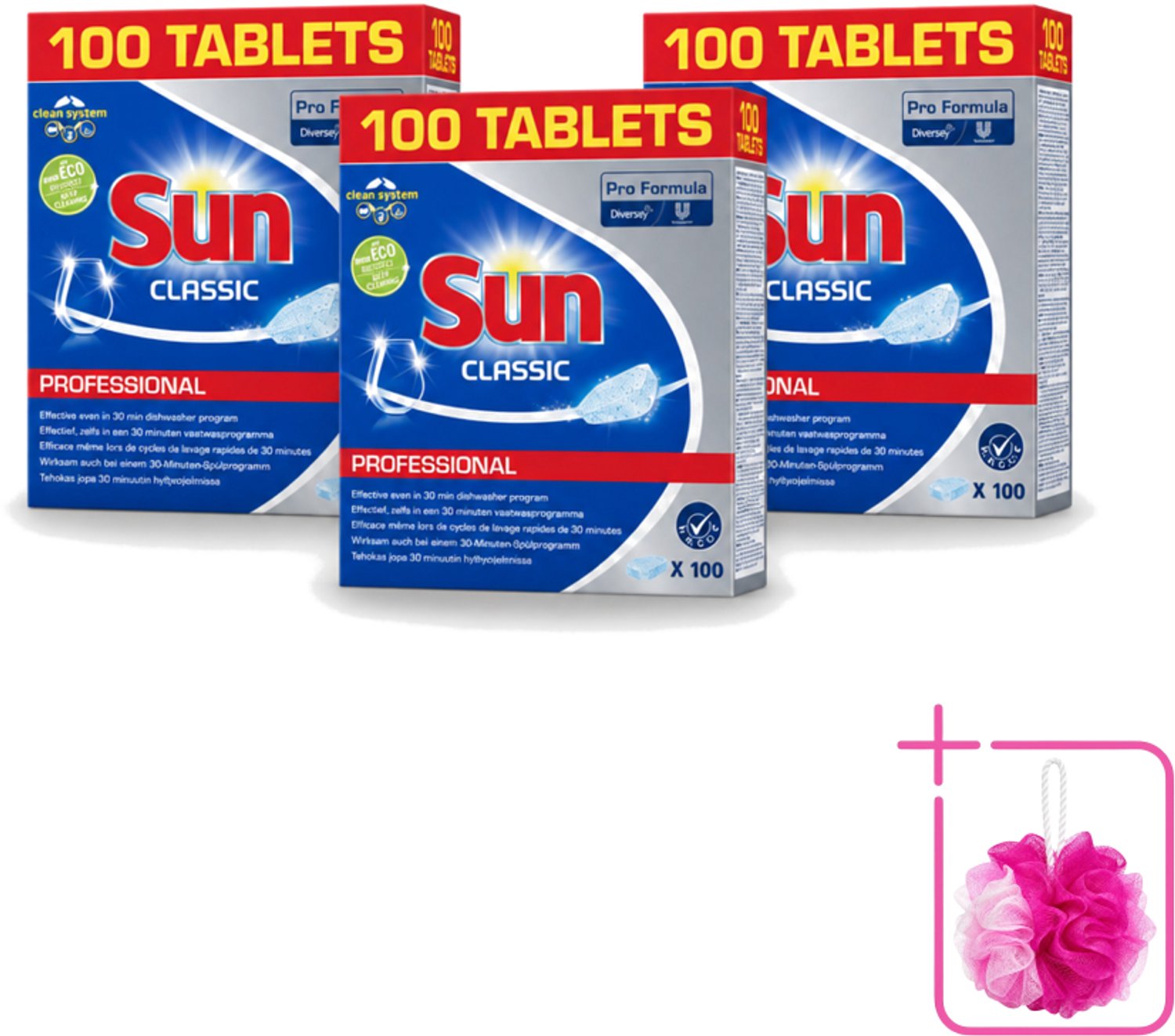 3 x Sun Classic - Pro Formula - Vaatwastabletten - 100 Tabletten - Bulkverpakking - Vaatwastabletten - Douchemop - Vaatwasser