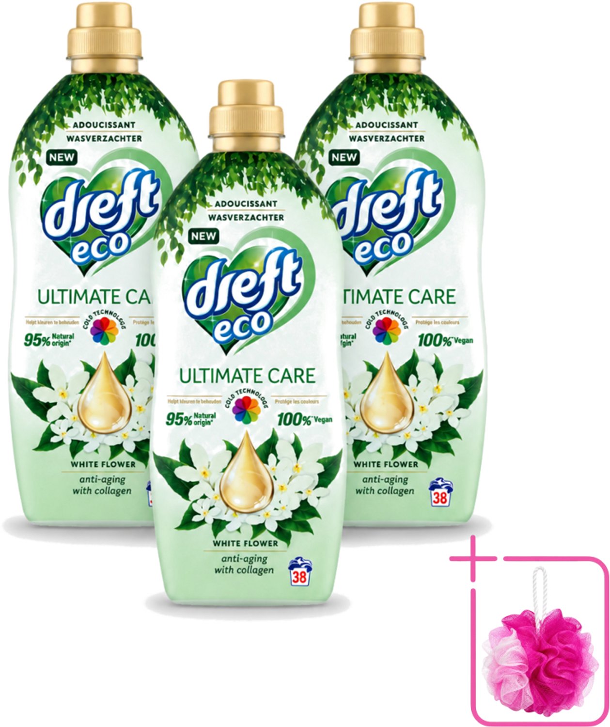 3 x Dreft ECO - Wasverzachter - Gekleurde Was - Witte Bloem - Anti-Veroudering - 38 Wasbeurten - Bulkverpakking - Wasverzachter - Douchemop - Anti-aging
