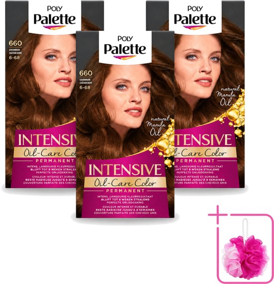 Trois paquets de teinture capillaire permanente Poly Palette Châtaigne Doré 660, avec modèle aux longs cheveux bruns.