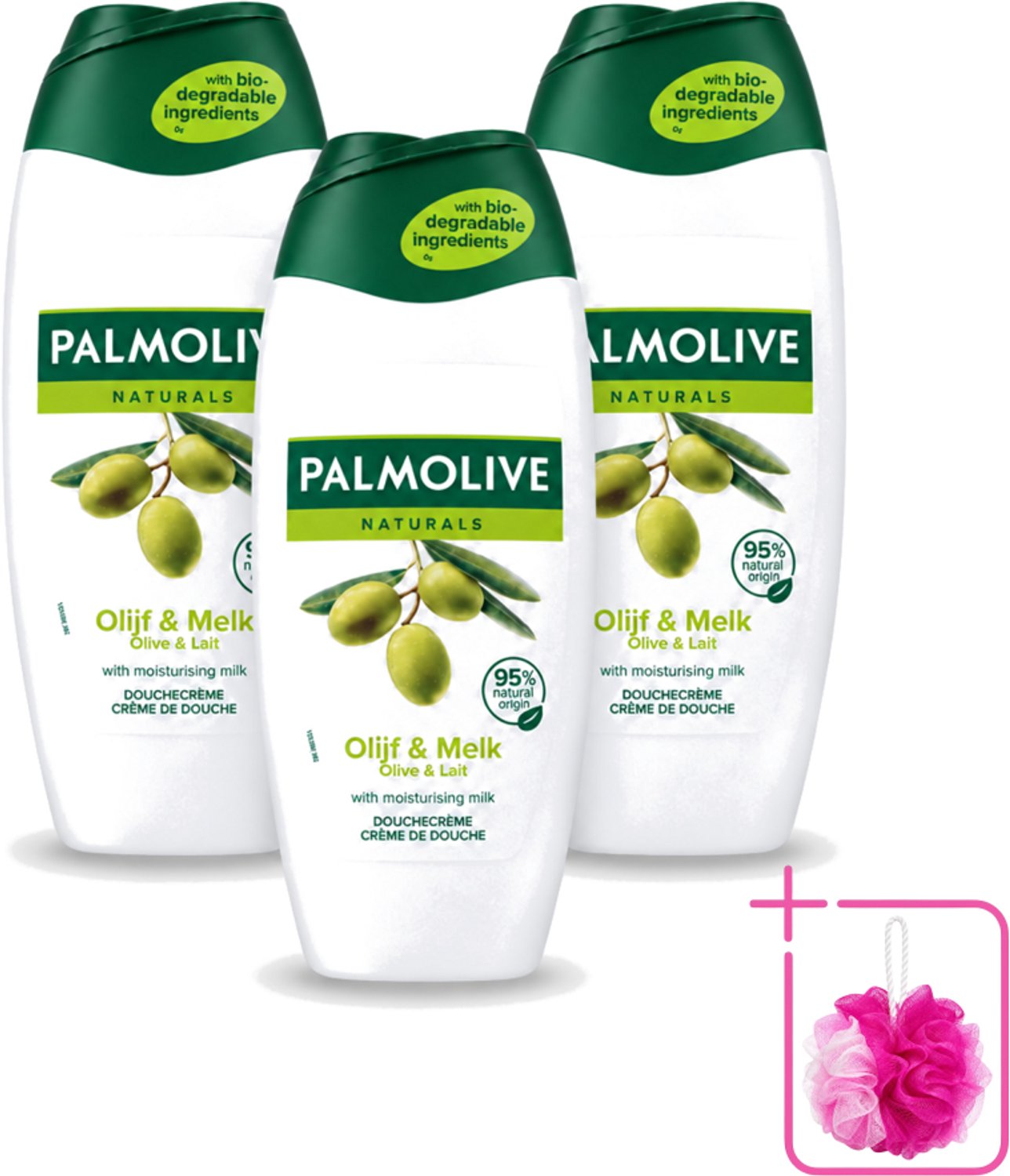 3 x Palmolive - Naturals - Douchecréme - Olijf & Melk - Natuurlijke ingrediënten - 250 ml - Bulkverpakking - Douchecrème - Douchemop - Olijf en melk