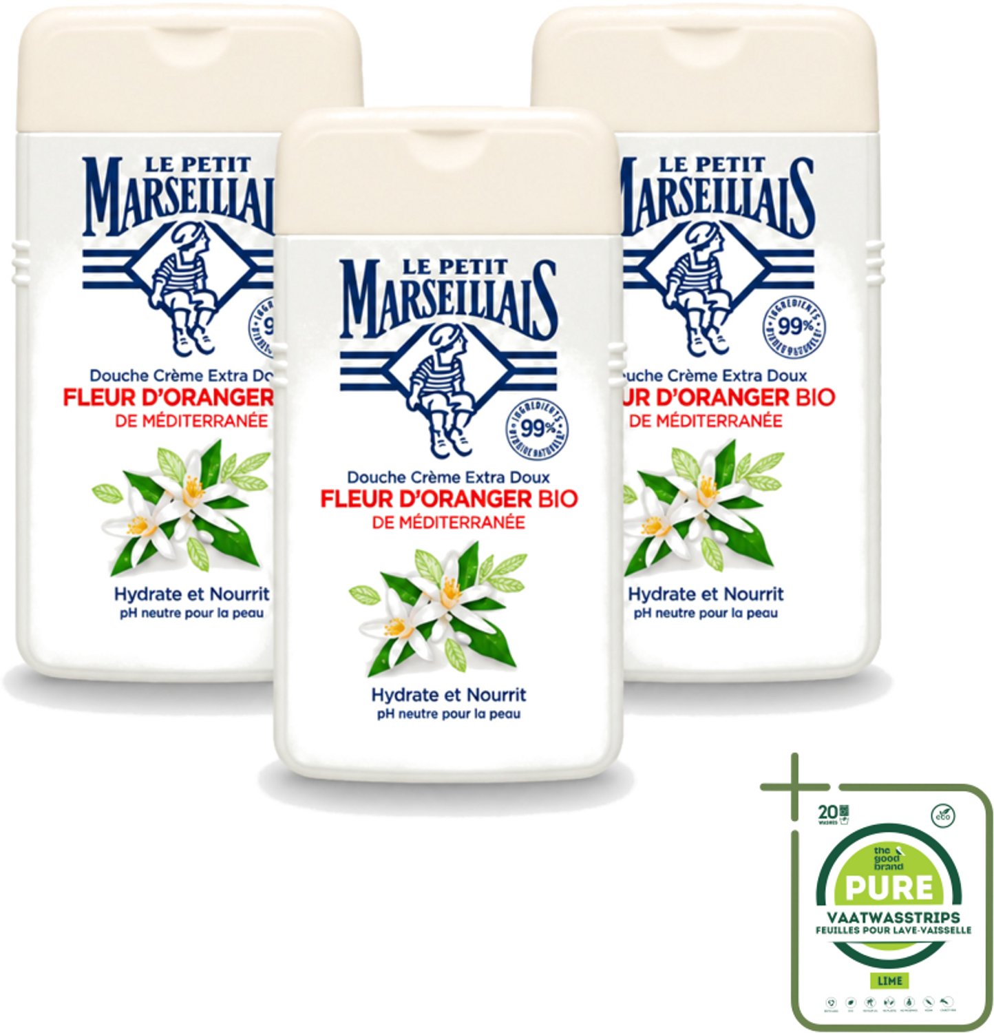 3 x Le Petit Marseillais - Douchecrème - Oranjebloesem - Hydraterend - 250ml - Grootverpakking - Vaatwasstrips - Douchecrème - Hydraterende Douchecrème - Oranjebloesem - Huidverzorging - Milieuvriendelijke Douchecrème