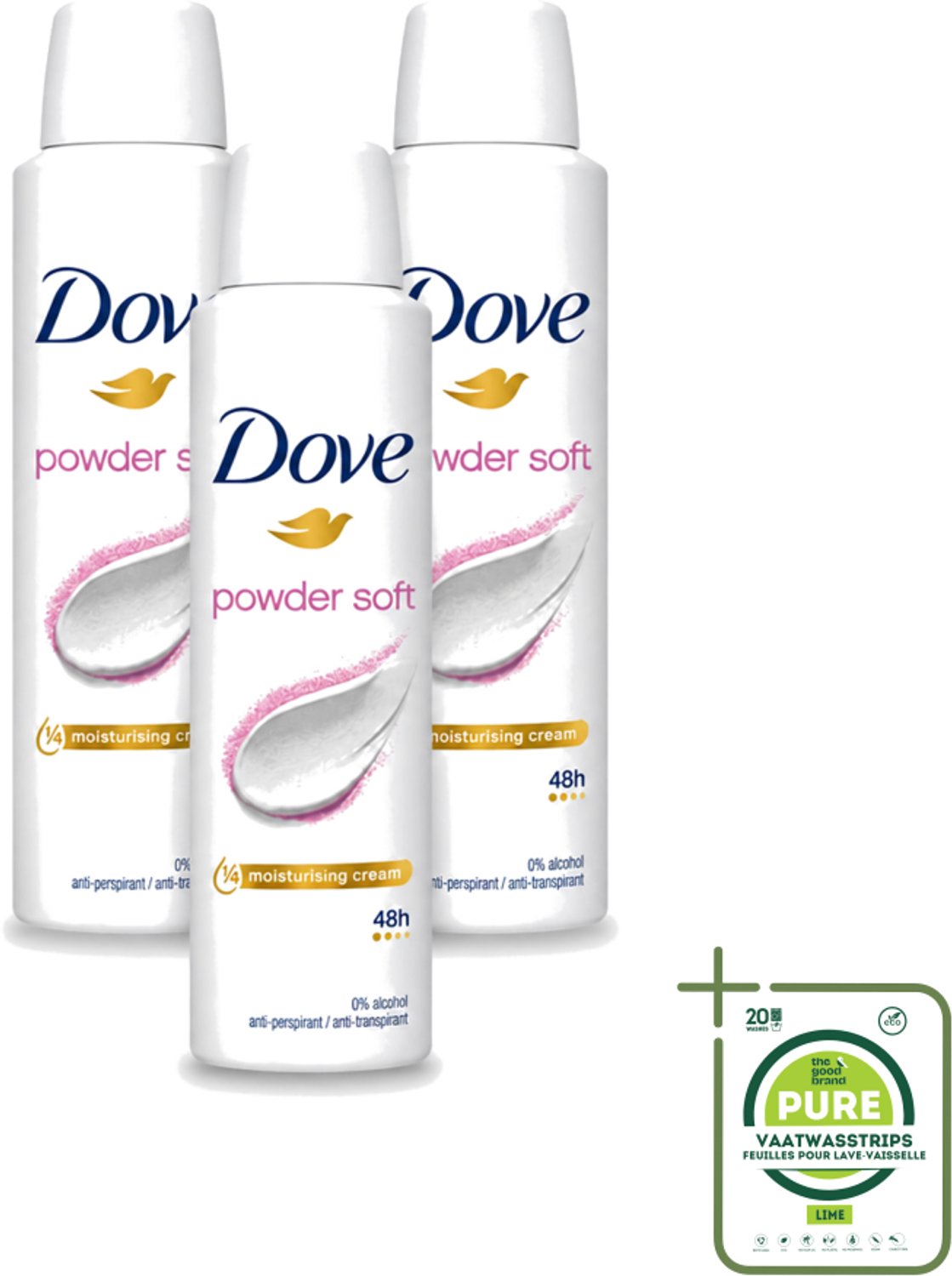 3 x Dove - Deospray - Powder Soft - 150 ml - Grootverpakking - Vaatwasstrips - Deodorant - Poeder - Oksels - Transpiratie - Geur