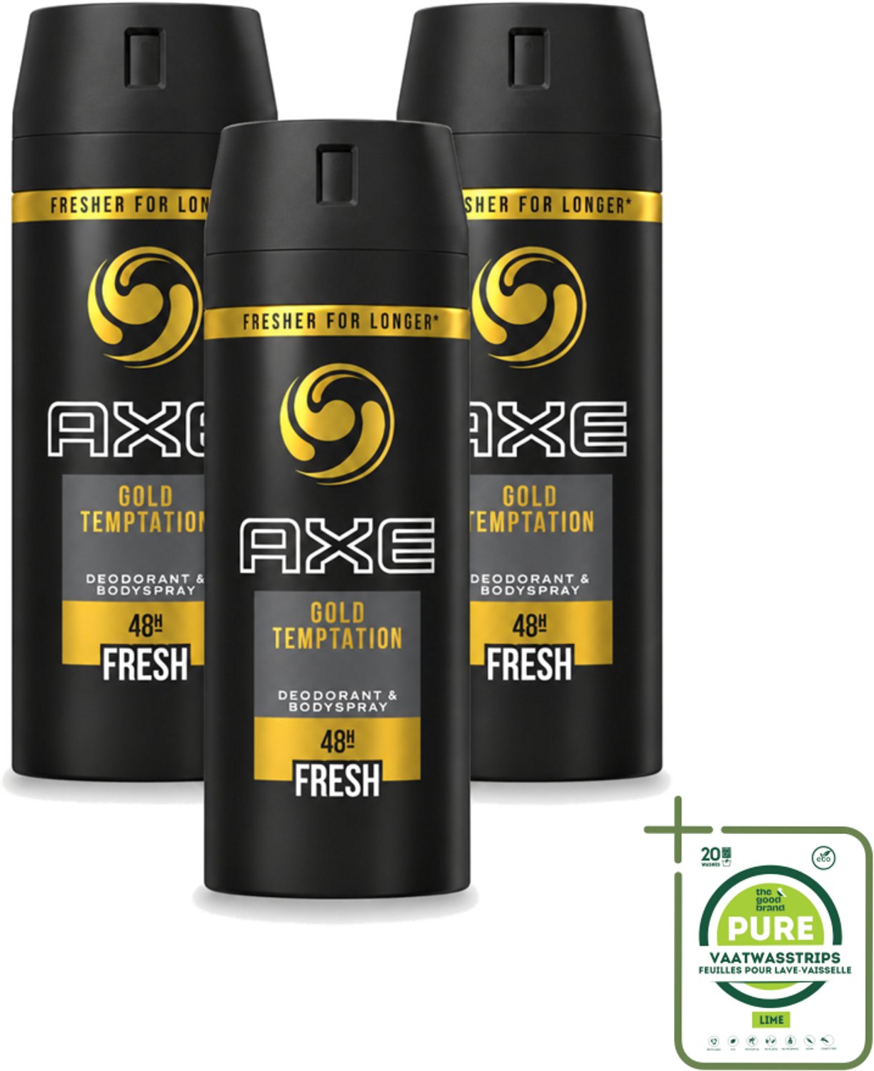 3 x Axe - Deodorant Bodyspray - 48hrs Fresh - Gold Temptation - 150 ml - Grootverpakking - Vaatwasstrips - 48 Uur Bescherming - Zweetvermindering - Deodorant Spray - Geur - Fris