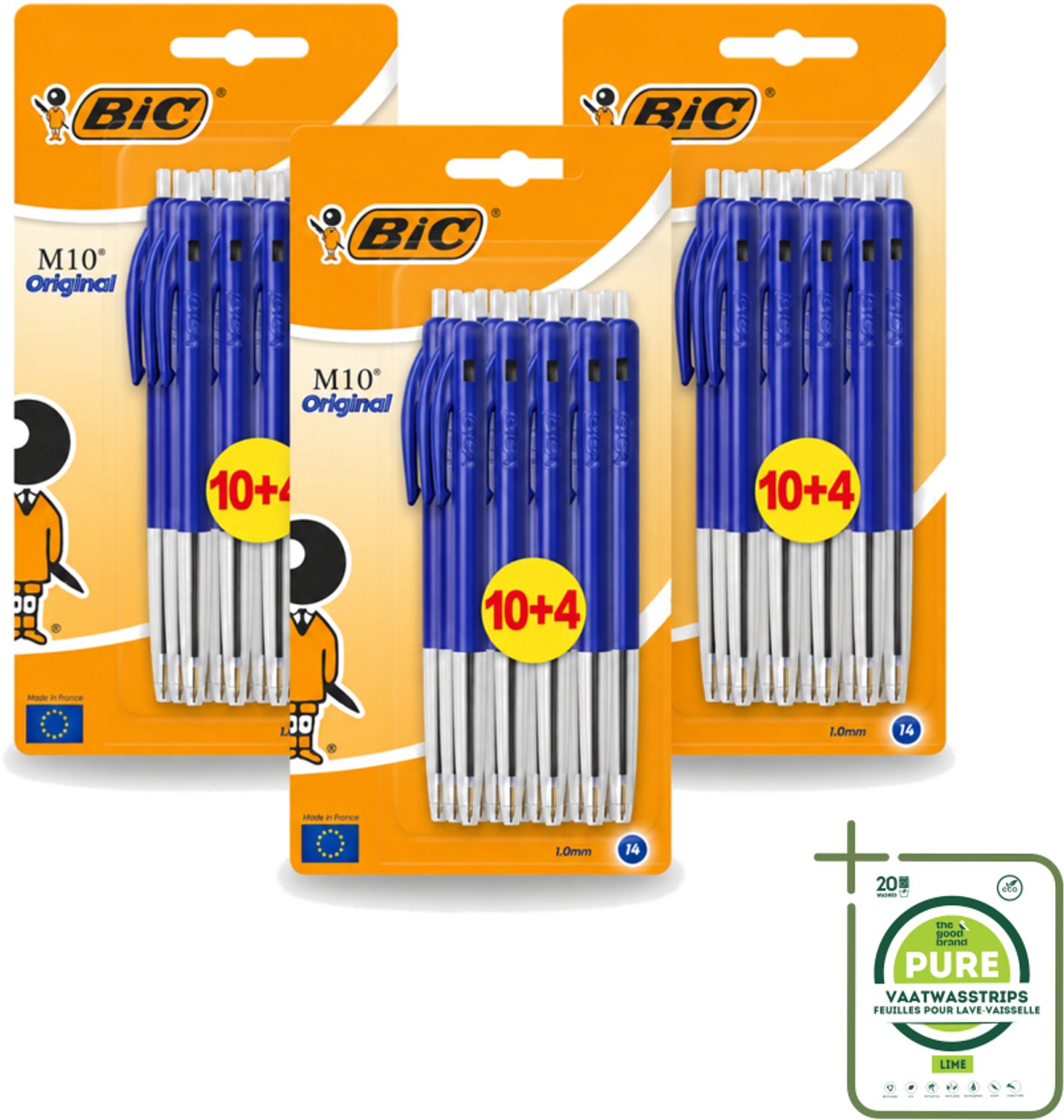 3 x BIC - M10 Original - Balpennen met Kliksysteem - Blauw - 1 mm Punt - 14 Pennen - Grootverpakking - Vaatwasstrips - Balpen - Schrijfset - Balpen Set - BIC M10 - Balpen Blauw