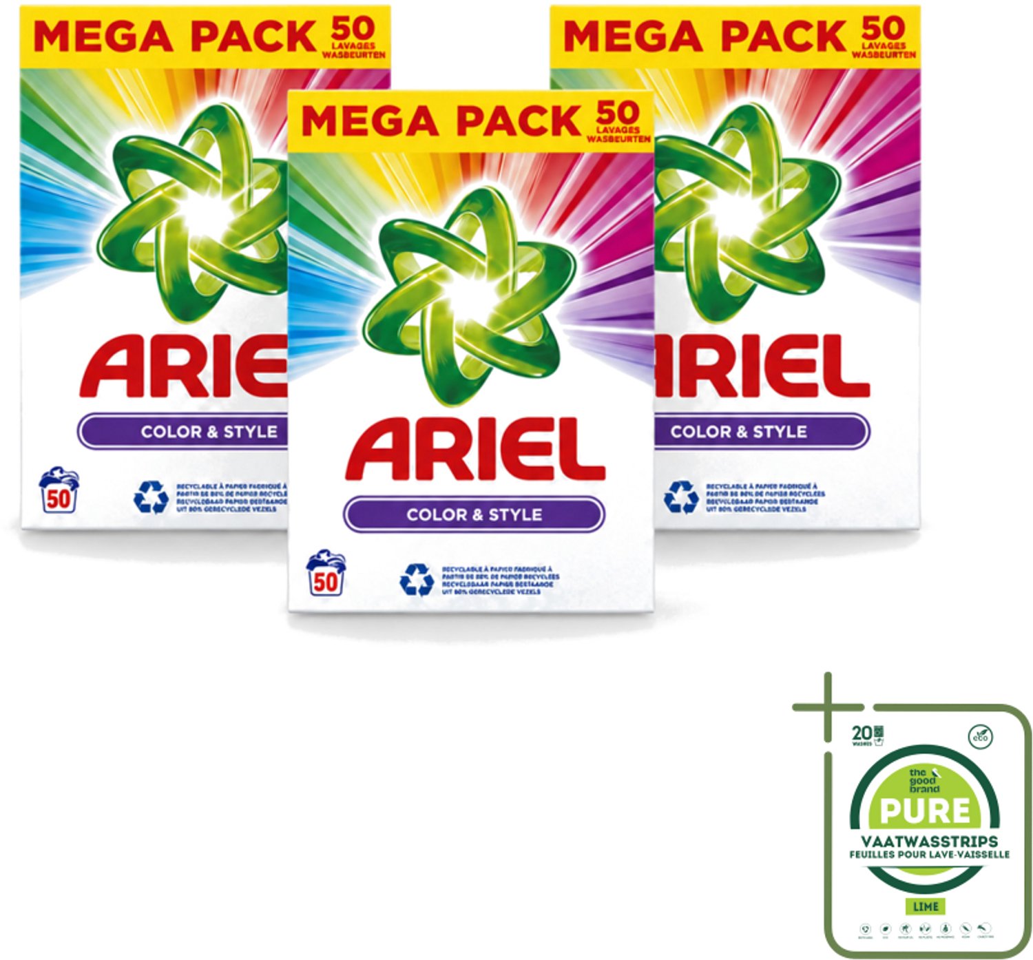 3 x Ariel Color & Style - Waspoeder - Gekleurde Was - 50 Wasbeurten - Grootverpakking - Vaatwasstrips - Kleurverzorging - Waspoeder - Wasmachine - Energiebesparing - Frisheid