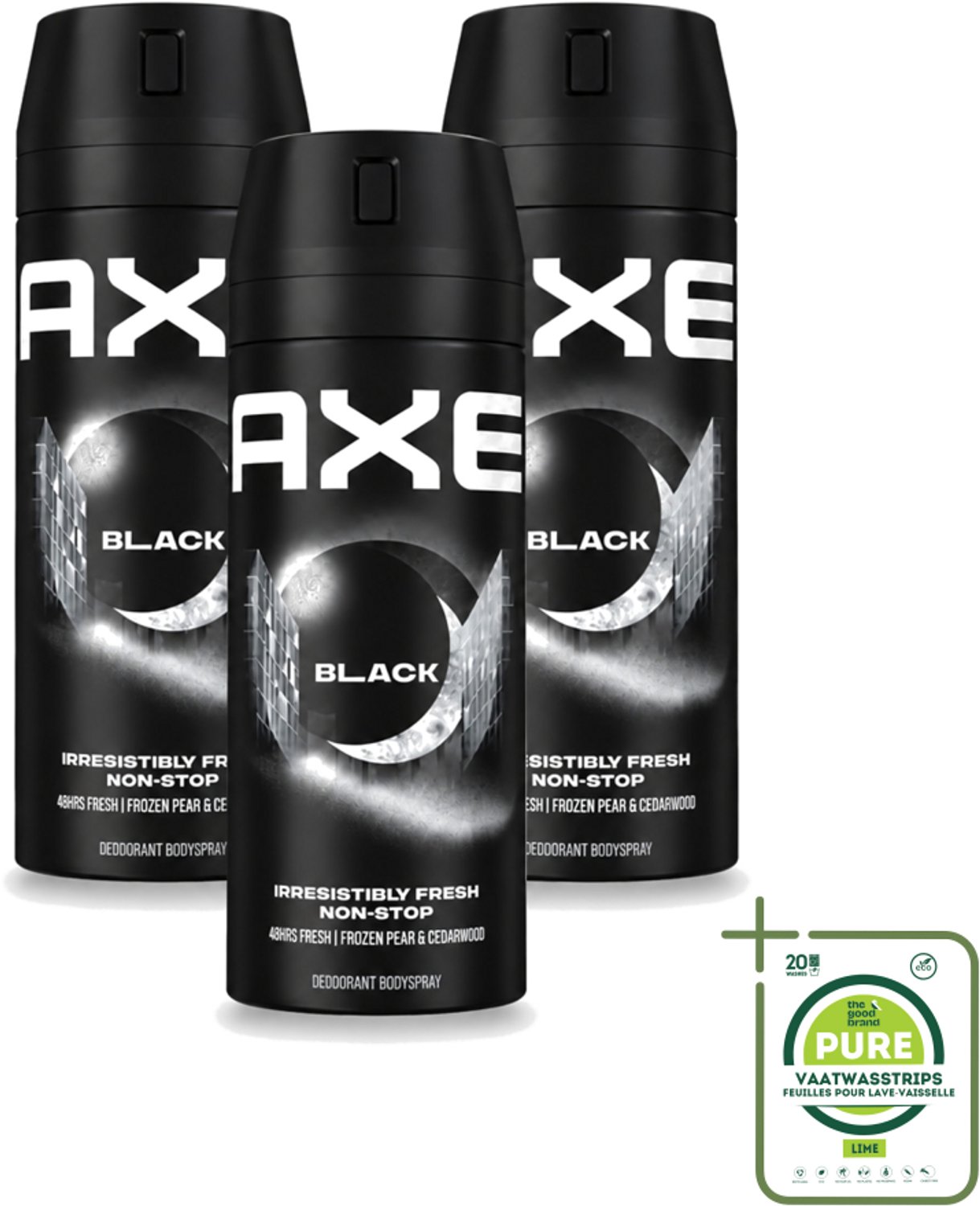 3 x Axe - Deodorant Bodyspray - 48hrs Fresh - Black - Frozen Pear & Cedarwoord - 150 ml - Grootverpakking - Vaatwasstrips - 48 Uur Bescherming - Deodorant Spray - Bevroren Peer - Cedarwood - Aluminiumvrije Deodorant