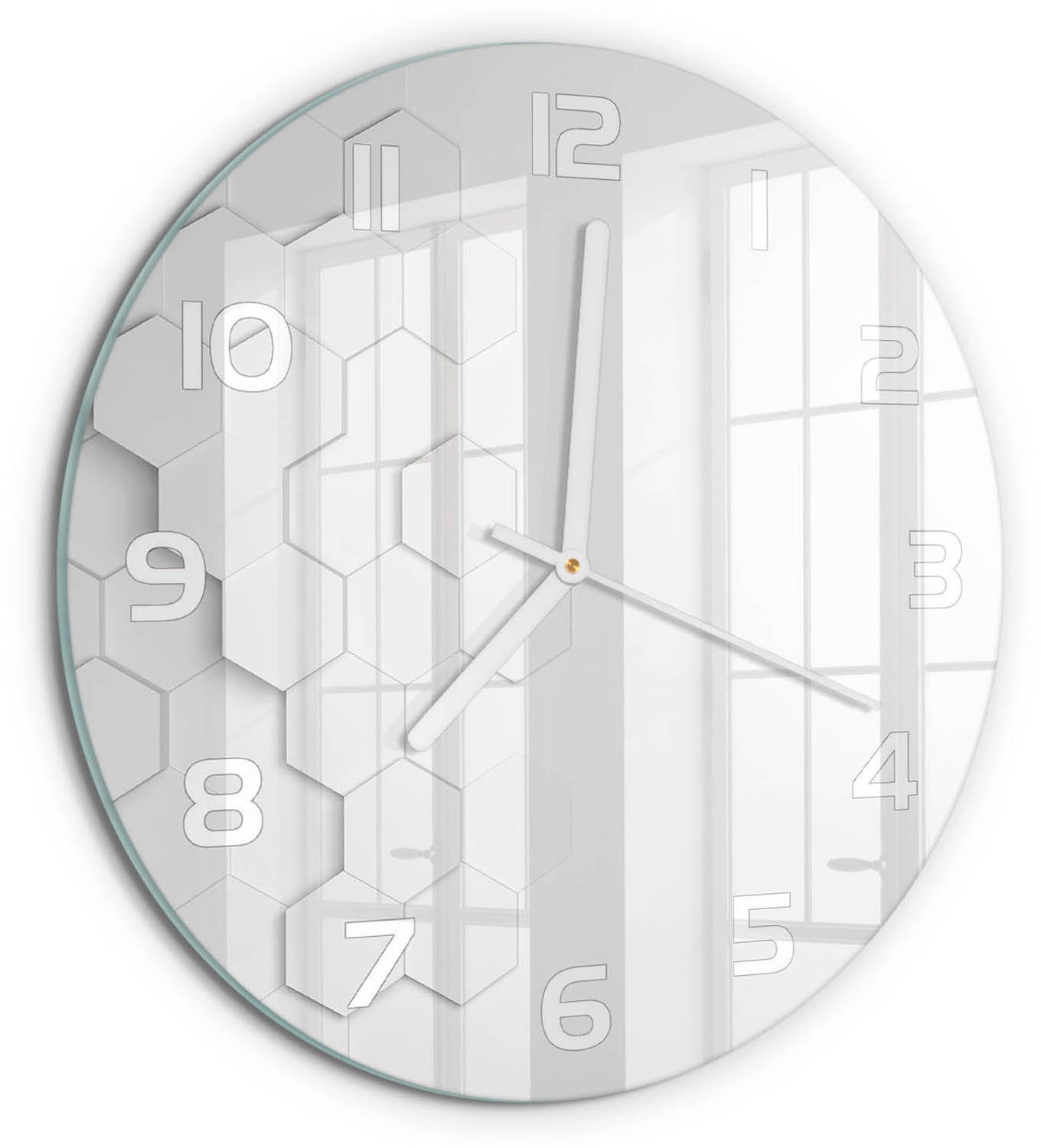 TULUP Wandklok - Zeshoekige achtergrond Gekleurde Glazen Klok - fi30 cm - Wit Glazen Klok Met Print - Witte handen - Ronde Klok - Moderne Wandklok Glas - Wandklok Glas Decoratie