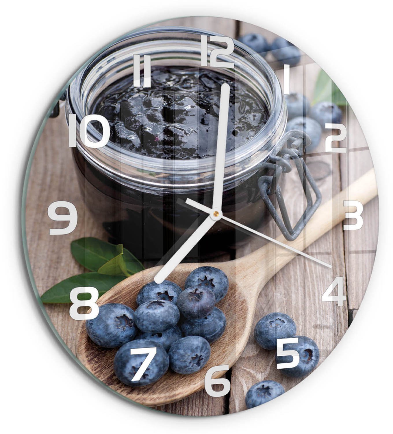 TULUP Wandklok - Bosbessenjam Glazen Wandklok Design - fi30 cm - Blauw Klok Glas Met Opdruk - Witte handen - Ronde Klok - Wandklok Glas Met Motief - Decoratieve Glazen Klok