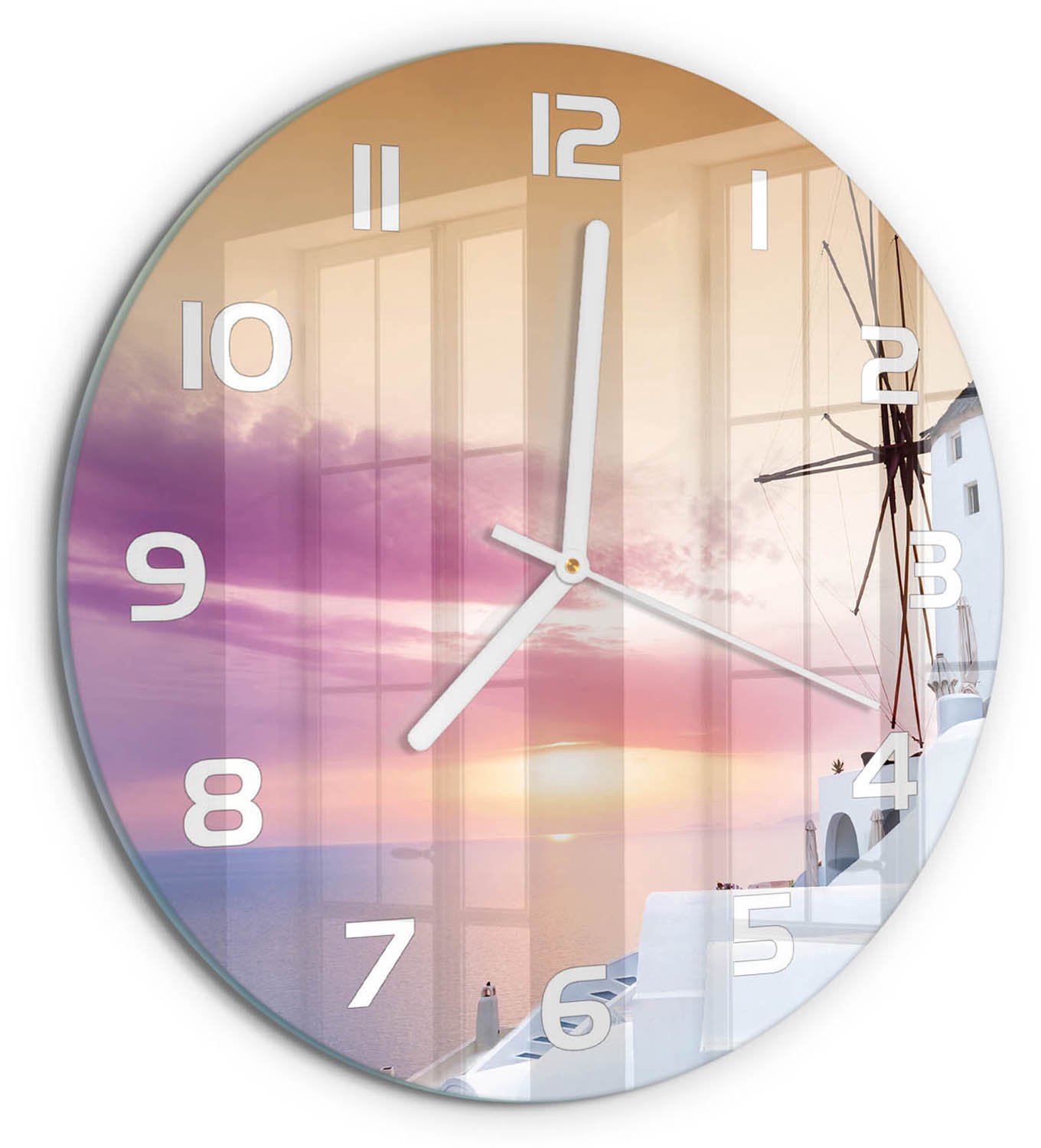 TULUP Wandklok - Santorini, Griekenland Glazen Wandklok Design - fi30 cm - Wit Klok Glas Met Opdruk - Witte handen - Ronde Klok - Wandklok Glas Met Motief - Decoratieve Glazen Klok