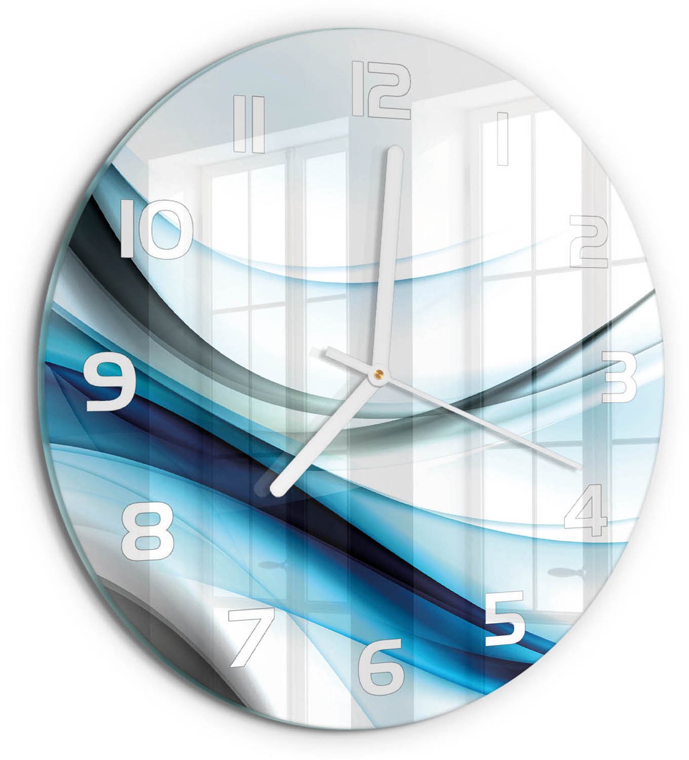 TULUP Wandklok - Golfabstractie Decoratieve Glazen Klok - fi30 cm - Blauw Glazen Wandklok Design - Witte handen - Ronde Klok - Glazen Klok Met Print - Wandklok Glas Met Motief
