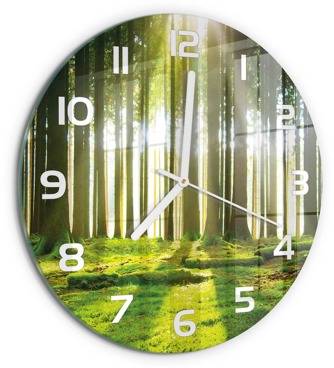 TULUP Wandklok - Bos in de zon Glazen Klok Met Print - fi30 cm - Groente Wandklok Glas Met Motief - Witte handen - Ronde Klok - Wandklok Glas Decoratie - Gekleurde Glazen Klok