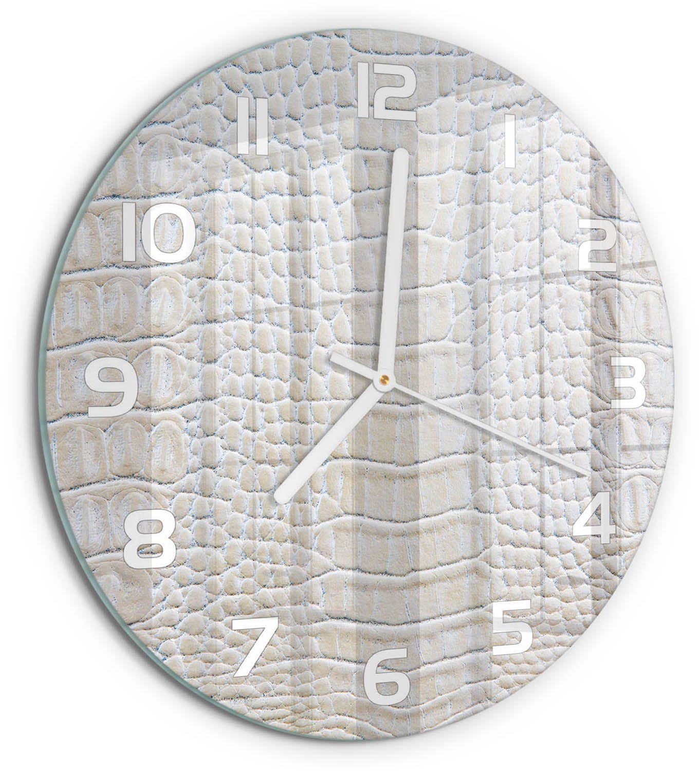 TULUP Wandklok - Krokodillenhuid Moderne Wandklok Glas - fi30 cm - Beige Wandklok Glas Decoratie - Witte handen - Ronde Klok - Glazen Wandklok Design - Klok Glas Met Opdruk