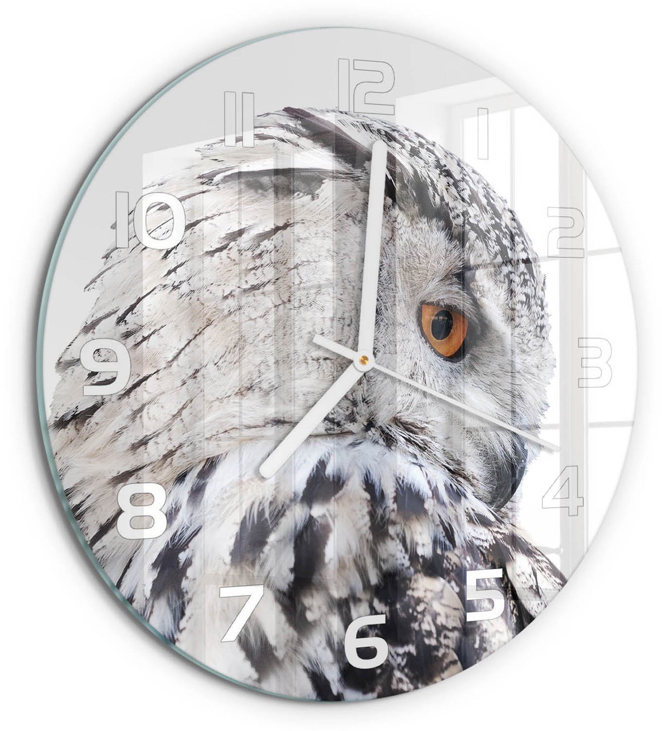 TULUP Wandklok - Witte Uil Wandklok Glas Met Motief - fi30 cm - Wit Decoratieve Glazen Klok - Witte handen - Ronde Klok - Gekleurde Glazen Klok - Glazen Klok Met Print