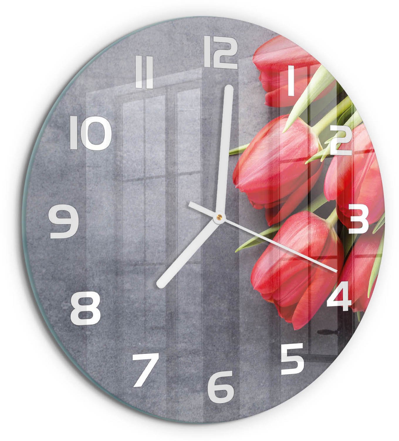 TULUP Wandklok - Rode tulpen Glazen Klok Met Print - fi30 cm - Rood Wandklok Glas Met Motief - Witte handen - Ronde Klok - Wandklok Glas Decoratie - Gekleurde Glazen Klok