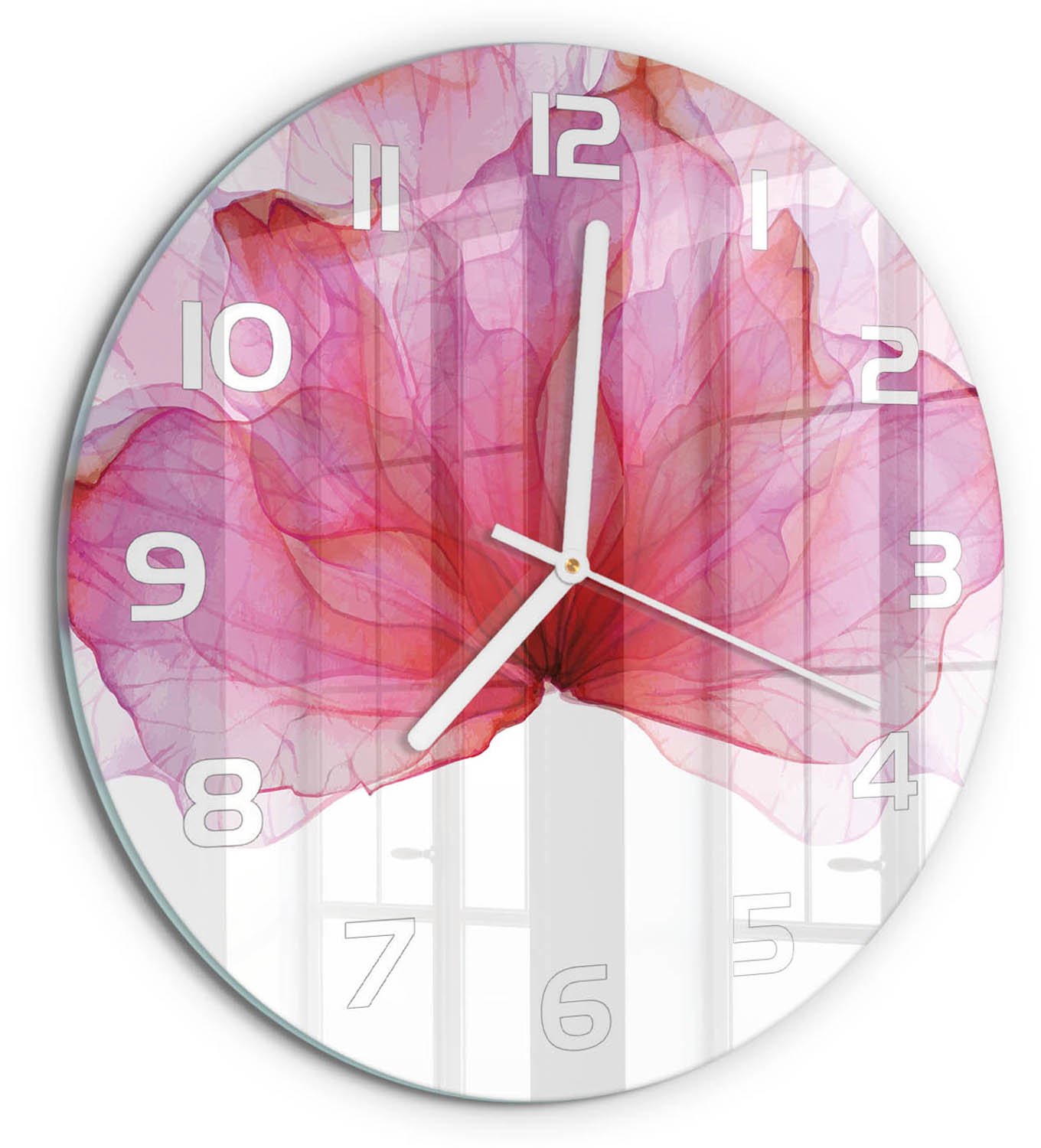 TULUP Wandklok - Roze bloem Wandklok Glas Decoratie - fi30 cm - Roze Gekleurde Glazen Klok - Witte handen - Ronde Klok - Klok Glas Met Opdruk - Moderne Wandklok Glas