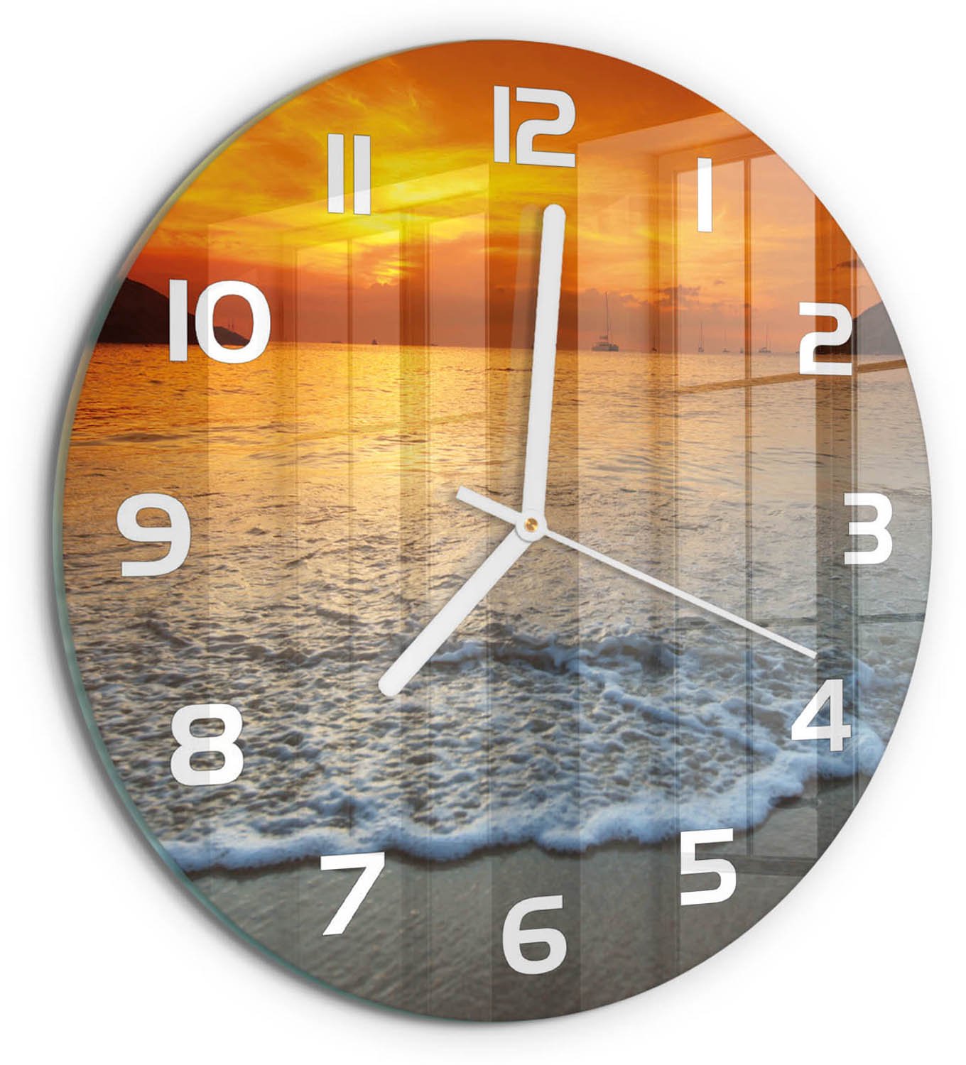 TULUP Wandklok - Zonsondergang Zee Wandklok Glas Met Motief - fi30 cm - Oranje Decoratieve Glazen Klok - Witte handen - Ronde Klok - Gekleurde Glazen Klok - Glazen Klok Met Print
