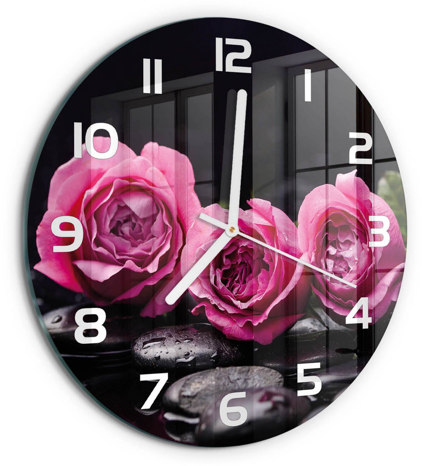 TULUP Wandklok - Roze rozen Moderne Wandklok Glas - fi30 cm - Roze Wandklok Glas Decoratie - Witte handen - Ronde Klok - Glazen Wandklok Design - Klok Glas Met Opdruk