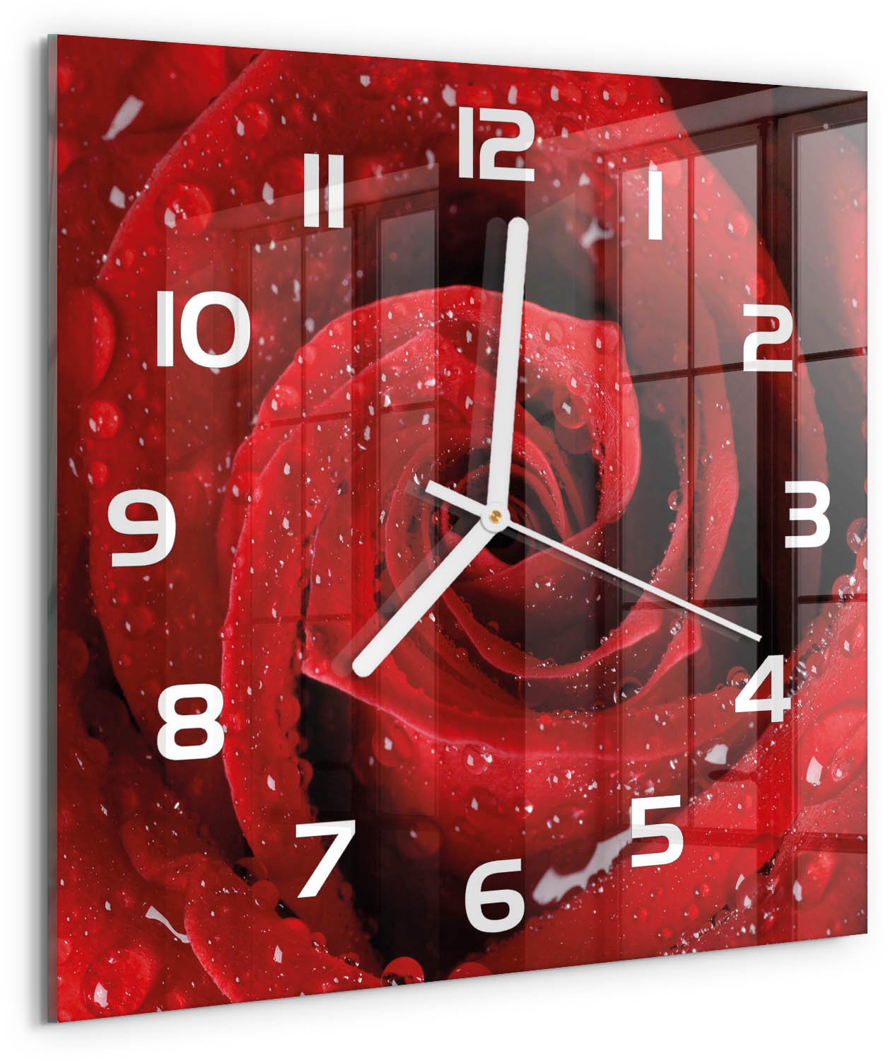 Tulup Wandklok - Druppels op de roos Gekleurde Glazen Klok - 30x30 cm - Rood Glazen Klok Met Print - Witte handen - Vierkante Klok - Moderne Wandklok Glas - Wandklok Glas Decoratie