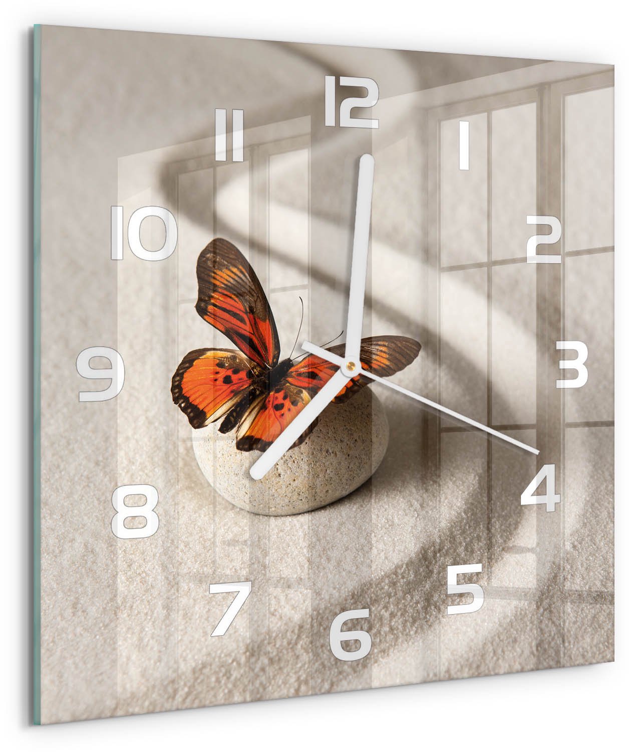 Tulup Wandklok - Zensteen en vlinder Glazen Wandklok Design - 30x30 cm - Oranje Klok Glas Met Opdruk - Witte handen - Vierkante Klok - Wandklok Glas Met Motief - Decoratieve Glazen Klok