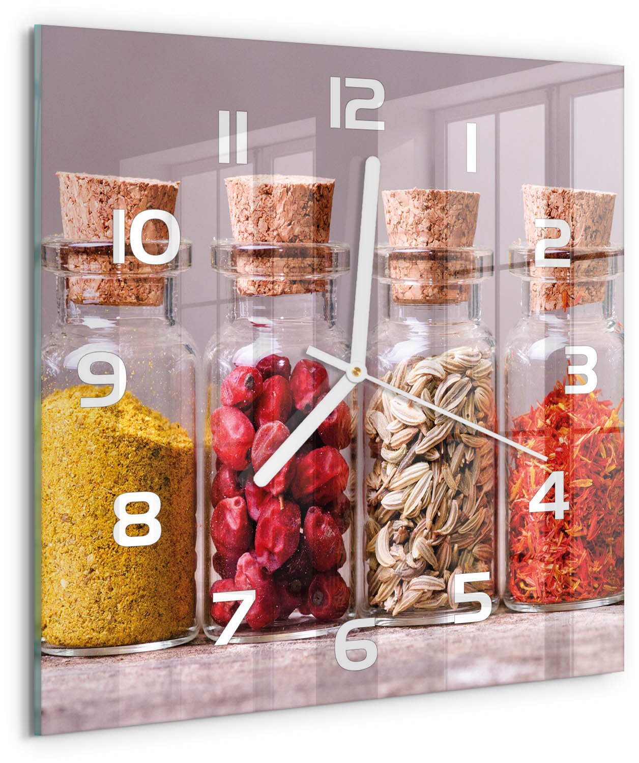 Tulup Wandklok - Kleurrijke specerijen Gekleurde Glazen Klok - 30x30 cm - Veelkleurig Glazen Klok Met Print - Witte handen - Vierkante Klok - Moderne Wandklok Glas - Wandklok Glas Decoratie