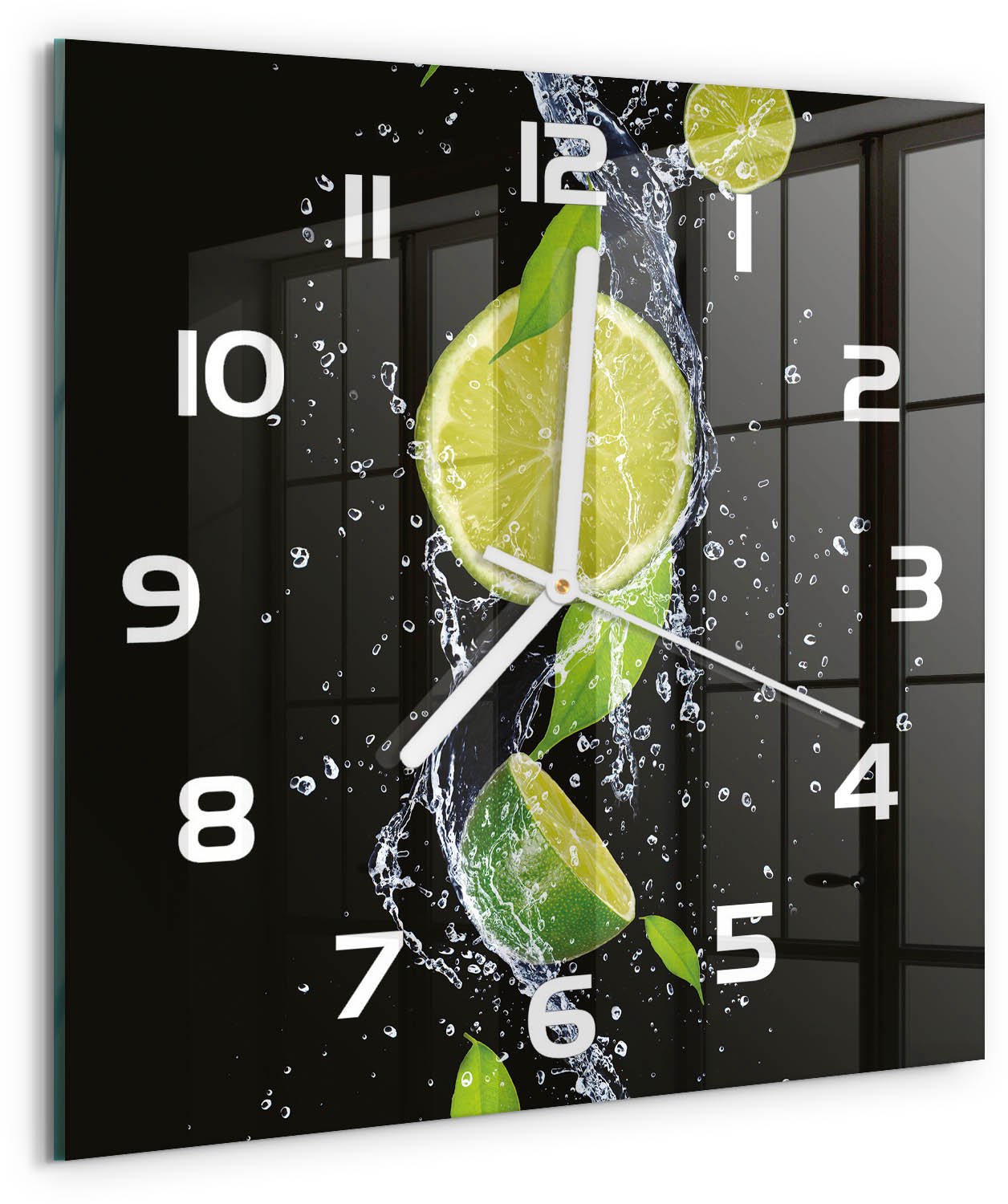 Tulup Wandklok - Kalk en water Glazen Wandklok Design - 30x30 cm - Groente Klok Glas Met Opdruk - Witte handen - Vierkante Klok - Wandklok Glas Met Motief - Decoratieve Glazen Klok