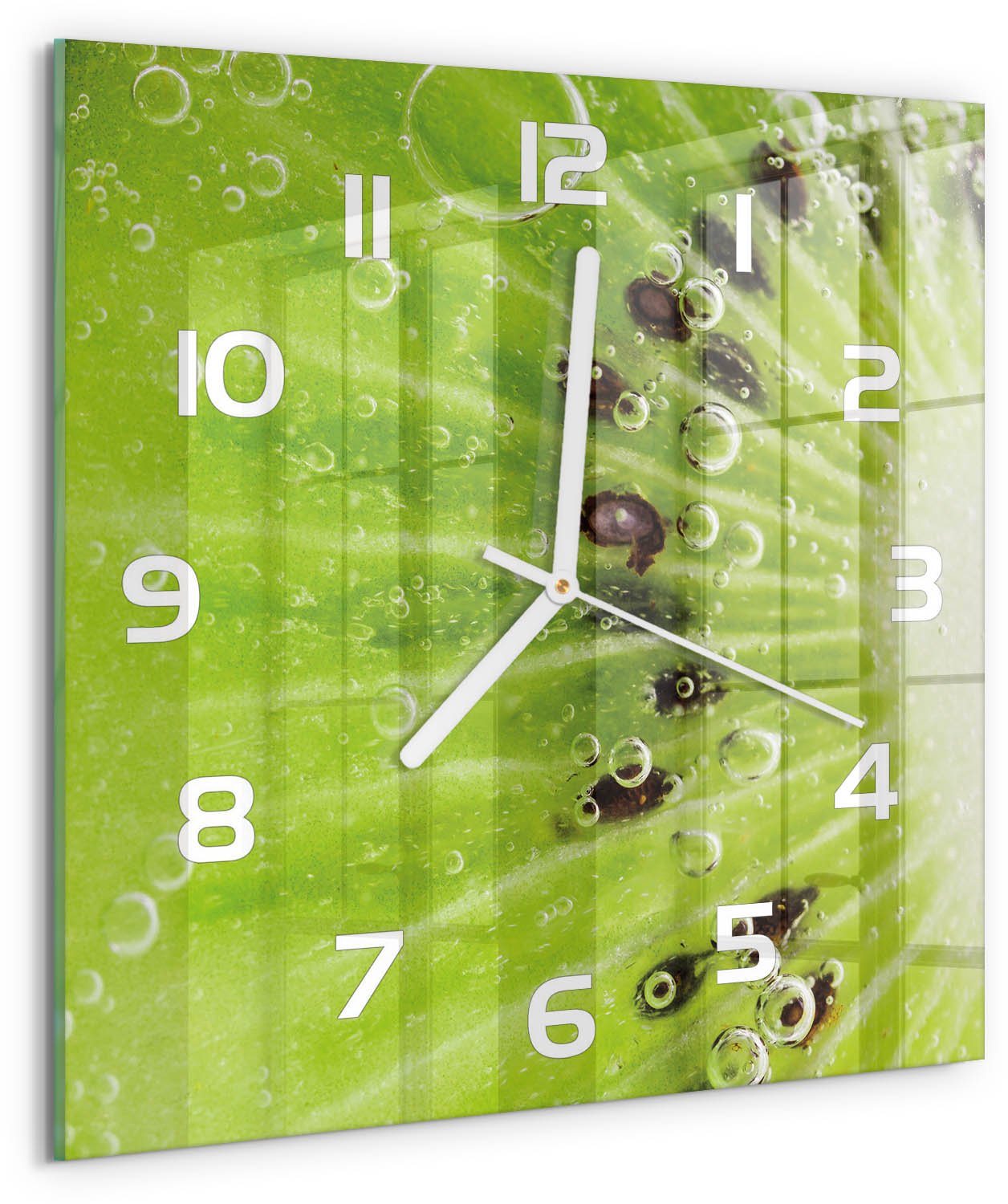 Tulup Wandklok - Kiwi Gekleurde Glazen Klok - 30x30 cm - Groente Glazen Klok Met Print - Witte handen - Vierkante Klok - Moderne Wandklok Glas - Wandklok Glas Decoratie