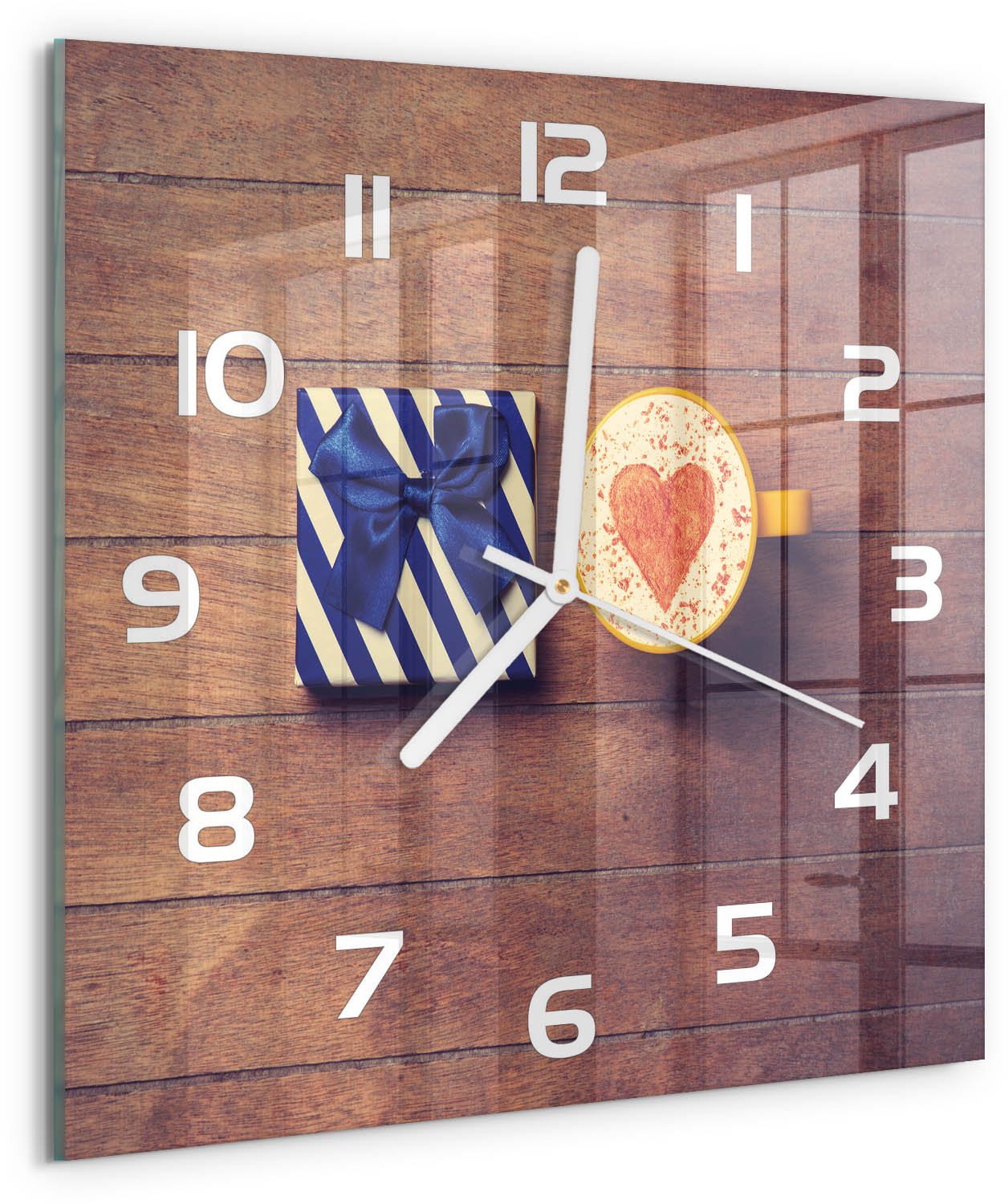 Tulup Wandklok - Koffie en cadeau Decoratieve Glazen Klok - 30x30 cm - Blauw Glazen Wandklok Design - Witte handen - Vierkante Klok - Glazen Klok Met Print - Wandklok Glas Met Motief