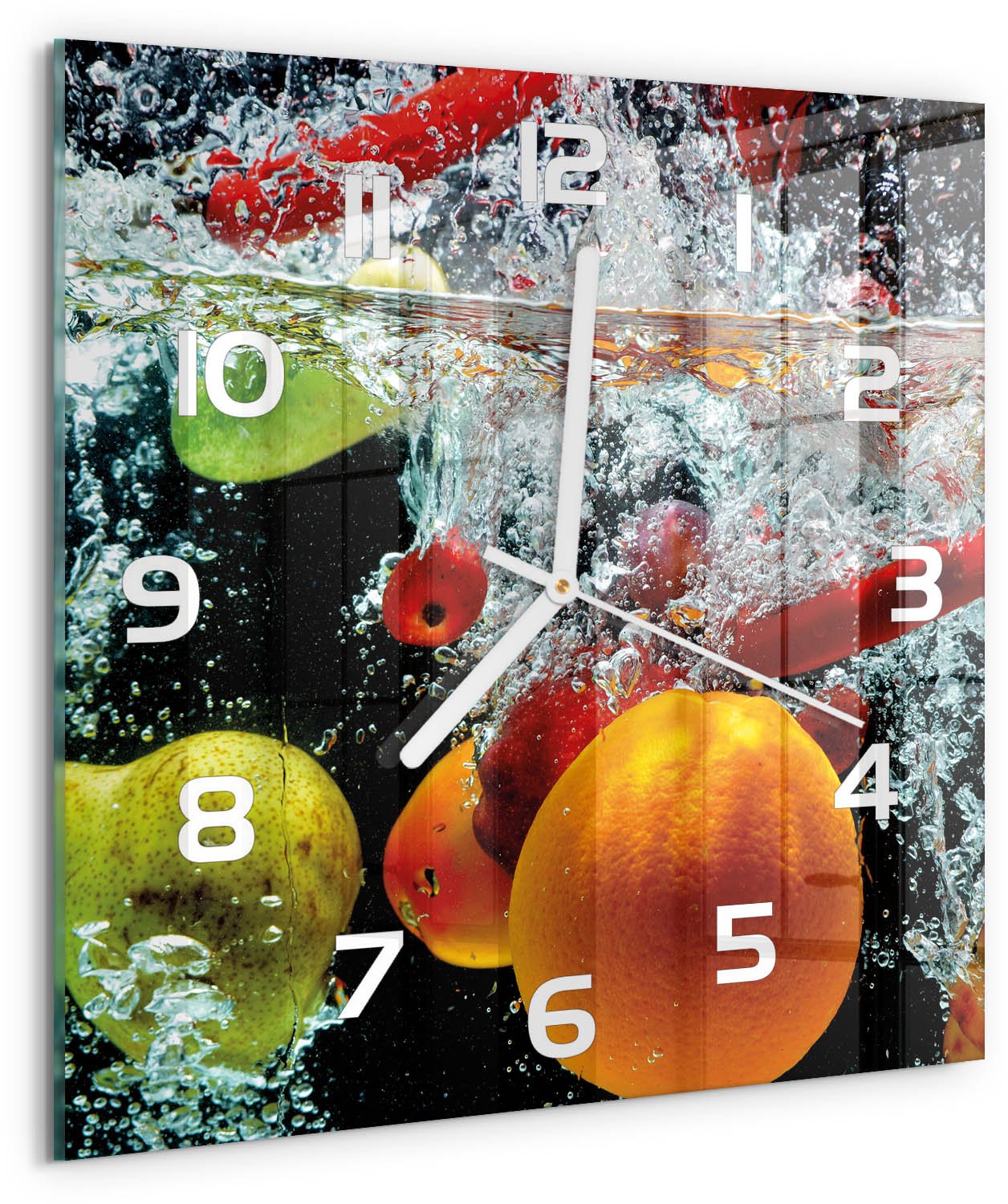 Tulup Wandklok - Fruit onder water Gekleurde Glazen Klok - 30x30 cm - Veelkleurig Glazen Klok Met Print - Witte handen - Vierkante Klok - Moderne Wandklok Glas - Wandklok Glas Decoratie