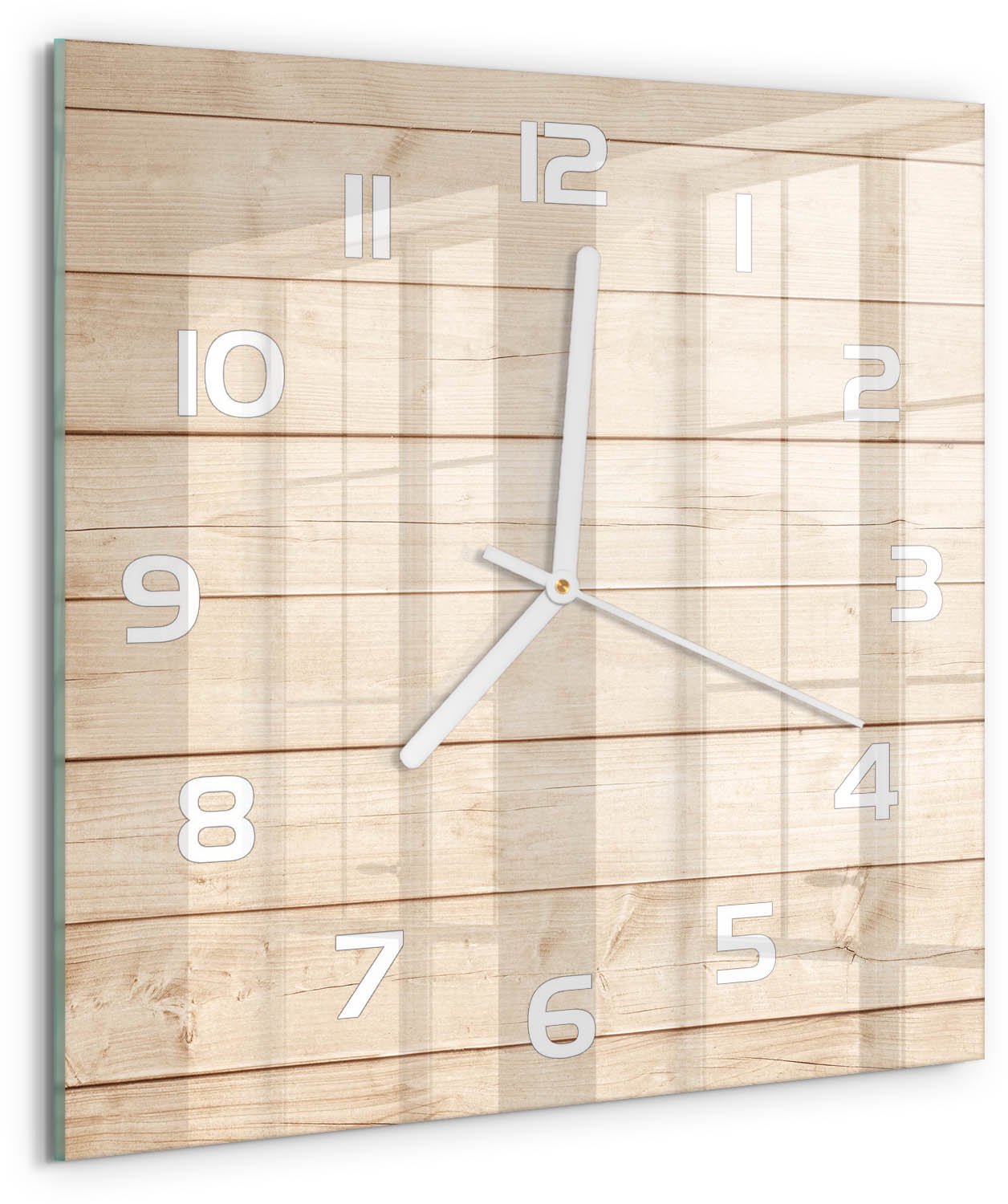 Tulup Wandklok - Houten achtergrond Glazen Klok Met Print - 30x30 cm - Beige Wandklok Glas Met Motief - Witte handen - Vierkante Klok - Wandklok Glas Decoratie - Gekleurde Glazen Klok