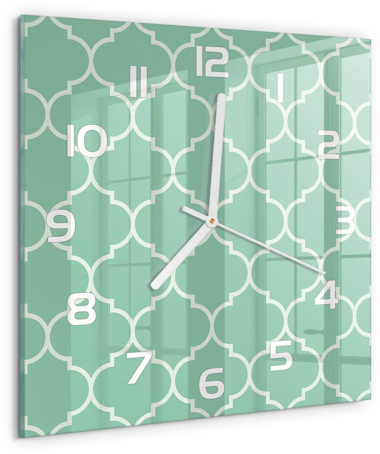 TULUP Wandklok - Marokkaanse achtergrond Wandklok Glas Decoratie - 30x30 cm - Groente Gekleurde Glazen Klok - Witte handen - Vierkante Klok - Klok Glas Met Opdruk - Moderne Wandklok Glas