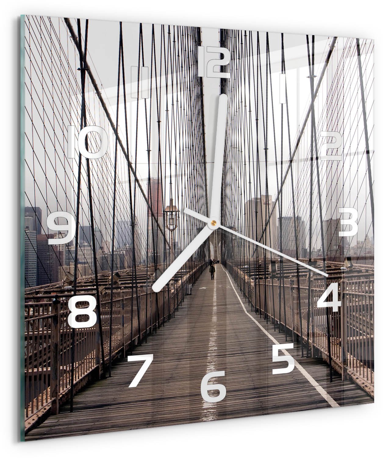 TULUP Wandklok - Brooklynbrug Glazen Klok Met Print - 30x30 cm - Bruin Wandklok Glas Met Motief - Witte handen - Vierkante Klok - Wandklok Glas Decoratie - Gekleurde Glazen Klok