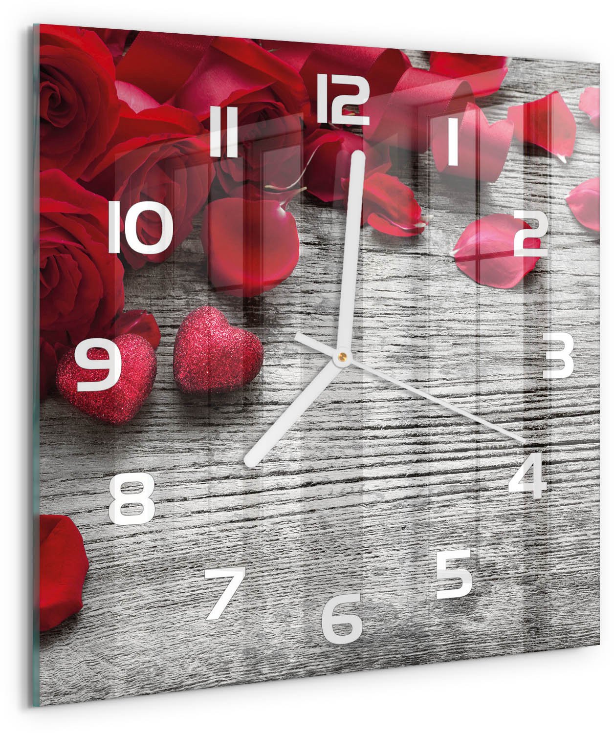 TULUP Wandklok - Rode rozen Glazen Klok Met Print - 30x30 cm - Rood Wandklok Glas Met Motief - Witte handen - Vierkante Klok - Wandklok Glas Decoratie - Gekleurde Glazen Klok