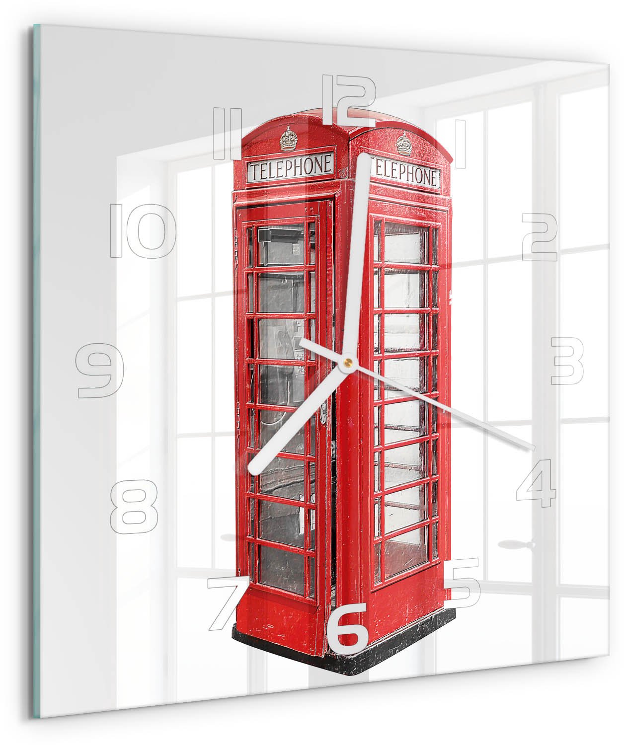 Tulup Wandklok - Openbare telefoon Glazen Wandklok Design - 30x30 cm - Rood Klok Glas Met Opdruk - Witte handen - Vierkante Klok - Wandklok Glas Met Motief - Decoratieve Glazen Klok