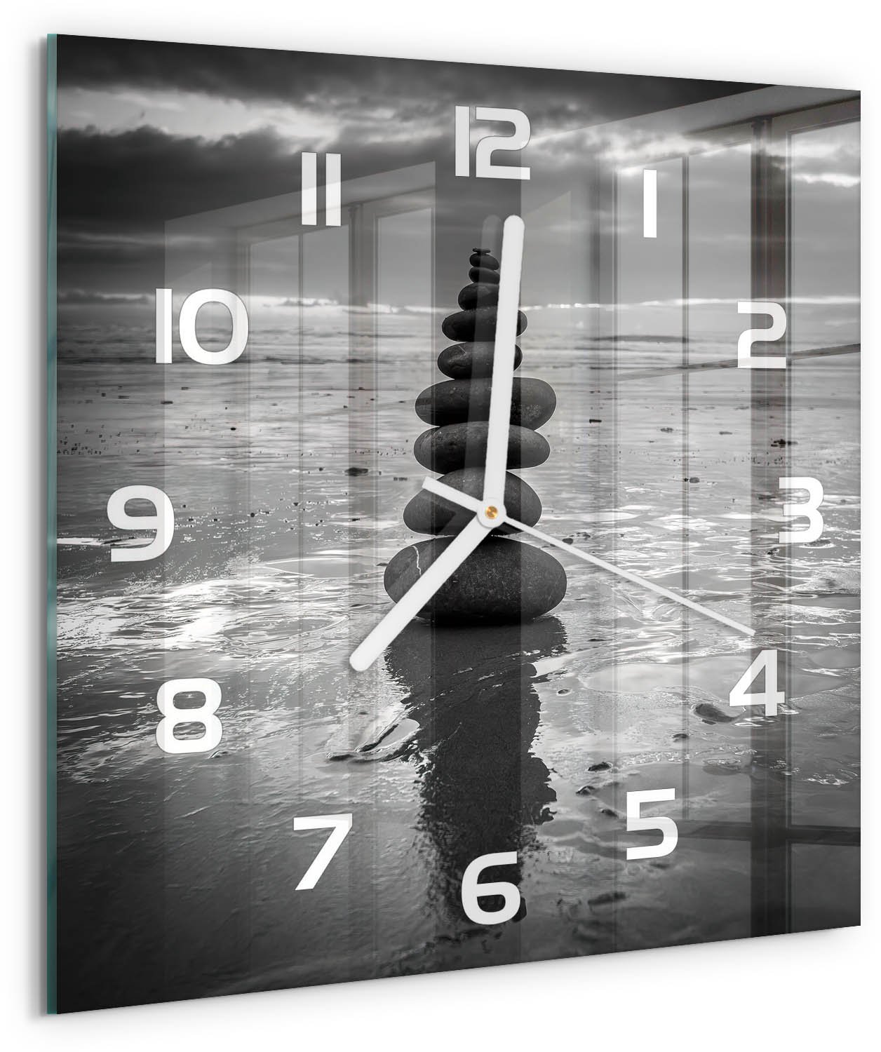 Tulup Wandklok - Balancerende stenen Wandklok Glas Met Motief - 30x30 cm - Zwart-wit Decoratieve Glazen Klok - Witte handen - Vierkante Klok - Gekleurde Glazen Klok - Glazen Klok Met Print