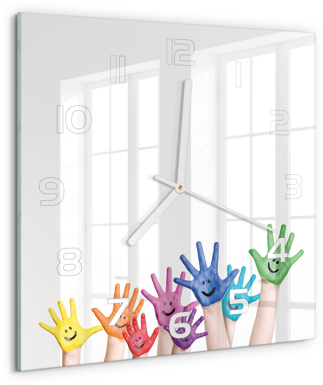 Tulup Wandklok - Geschilderde handen Moderne Wandklok Glas - 30x30 cm - Veelkleurig Wandklok Glas Decoratie - Witte handen - Vierkante Klok - Glazen Wandklok Design - Klok Glas Met Opdruk