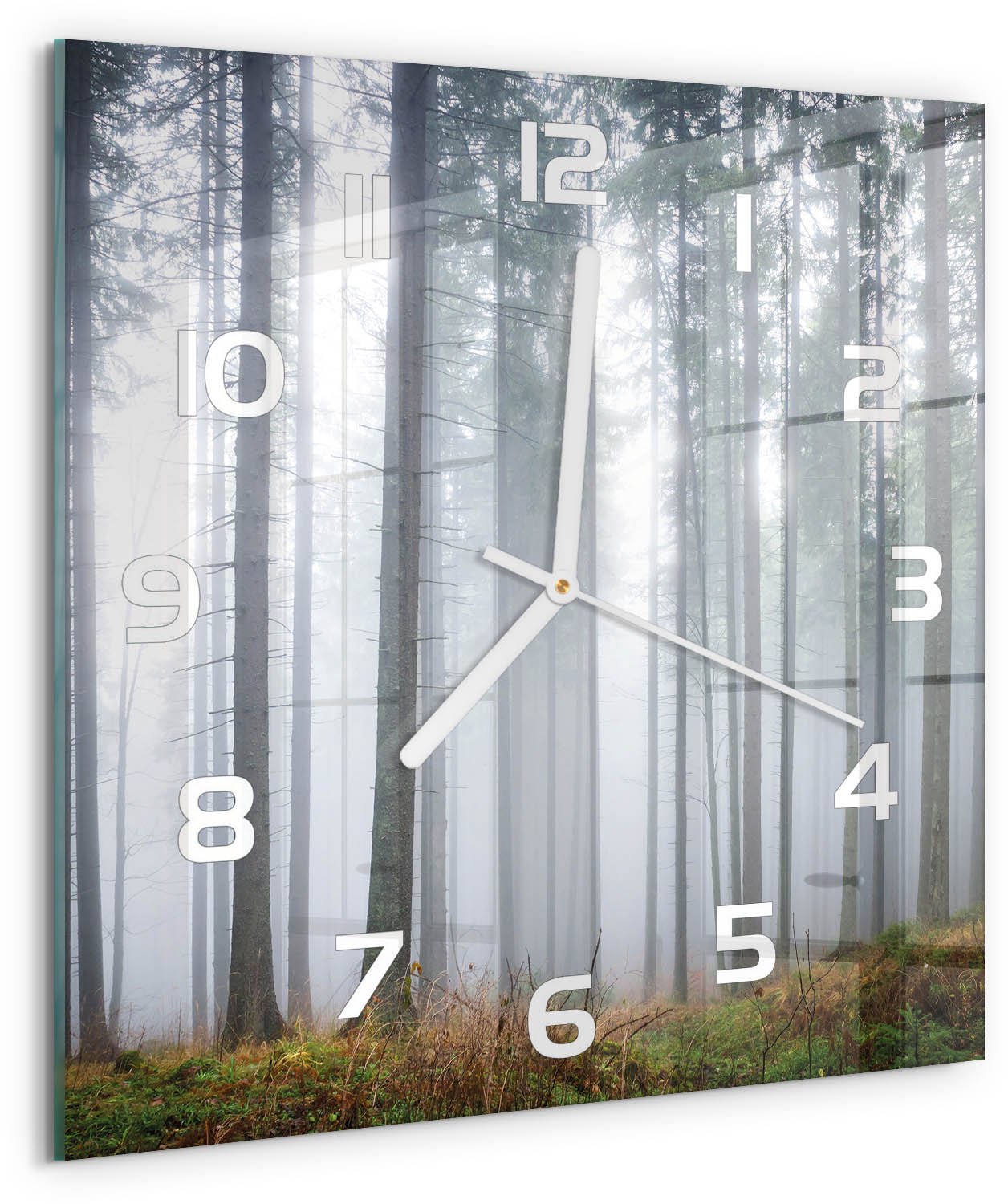 Tulup Wandklok - Mist in het bos Wandklok Glas Decoratie - 30x30 cm - Grijs Gekleurde Glazen Klok - Witte handen - Vierkante Klok - Klok Glas Met Opdruk - Moderne Wandklok Glas
