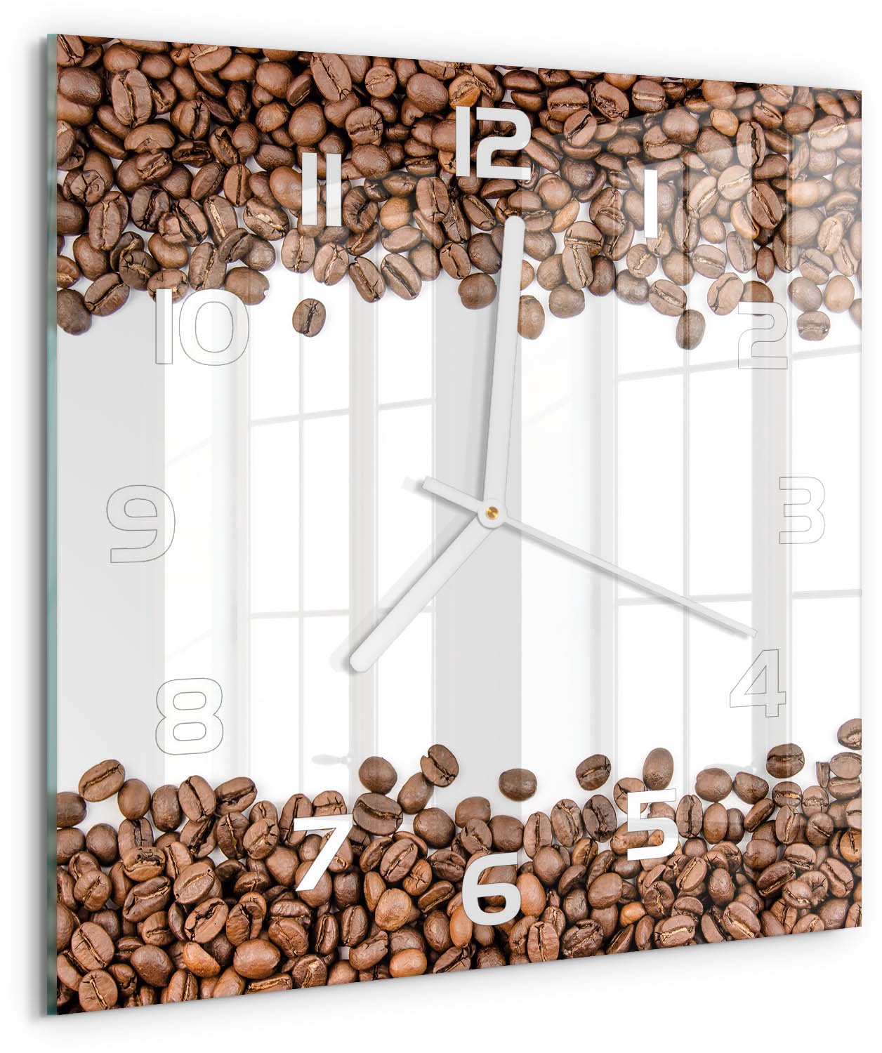 Tulup Wandklok - Koffiebonen Gekleurde Glazen Klok - 30x30 cm - Bruin Glazen Klok Met Print - Witte handen - Vierkante Klok - Moderne Wandklok Glas - Wandklok Glas Decoratie