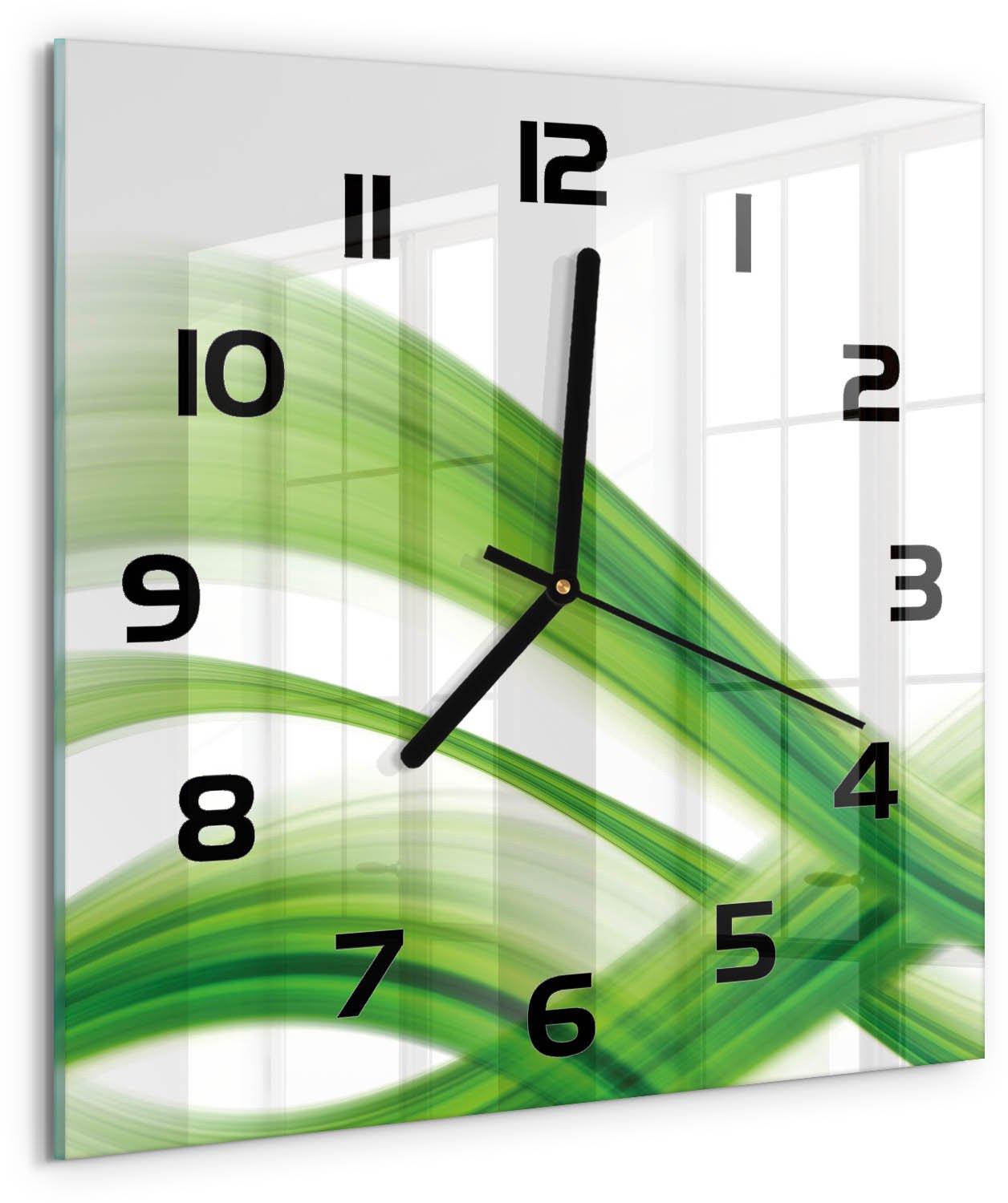 TULUP Wandklok - Golfabstractie Wandklok Glas Decoratie - 30x30 cm - Groente Gekleurde Glazen Klok - Zwarte handen - Vierkante Klok - Klok Glas Met Opdruk - Moderne Wandklok Glas