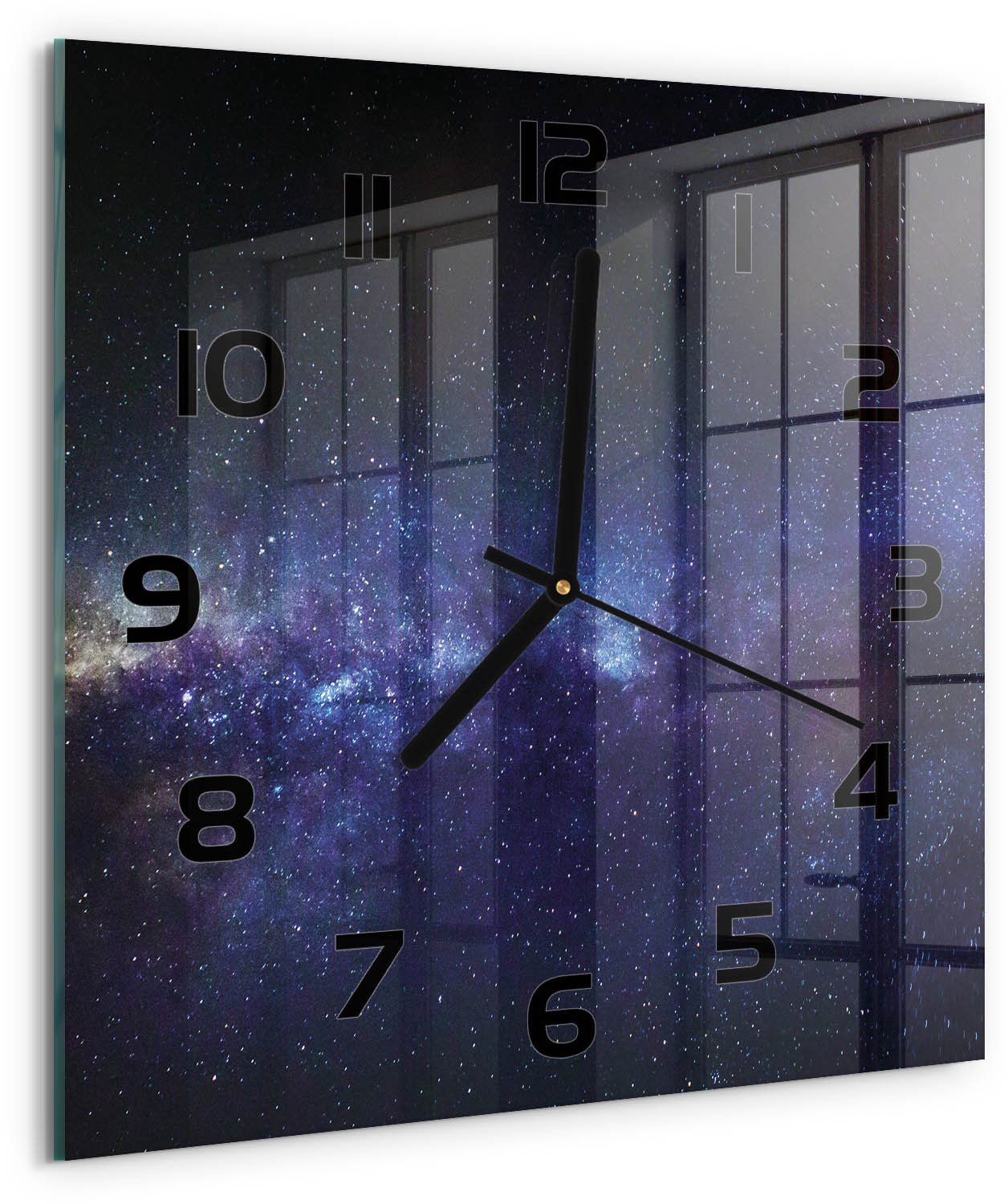 Tulup Wandklok - Melkweg Decoratieve Glazen Klok - 30x30 cm - Paars Glazen Wandklok Design - Zwarte handen - Vierkante Klok - Glazen Klok Met Print - Wandklok Glas Met Motief