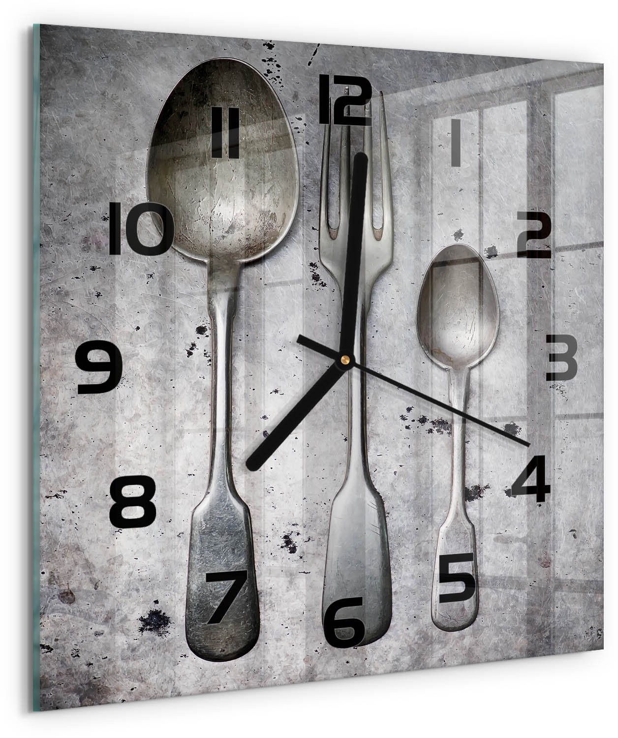 Tulup Wandklok - Bestek Glazen Wandklok Design - 30x30 cm - Zilver Klok Glas Met Opdruk - Zwarte handen - Vierkante Klok - Wandklok Glas Met Motief - Decoratieve Glazen Klok