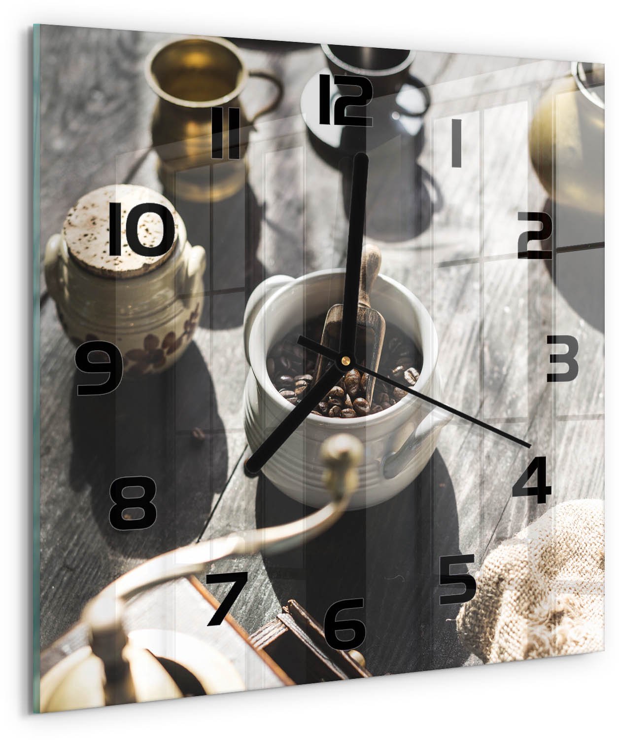 Tulup Wandklok - Koffiemolen Wandklok Glas Met Motief - 30x30 cm - Bruin Decoratieve Glazen Klok - Zwarte handen - Vierkante Klok - Gekleurde Glazen Klok - Glazen Klok Met Print